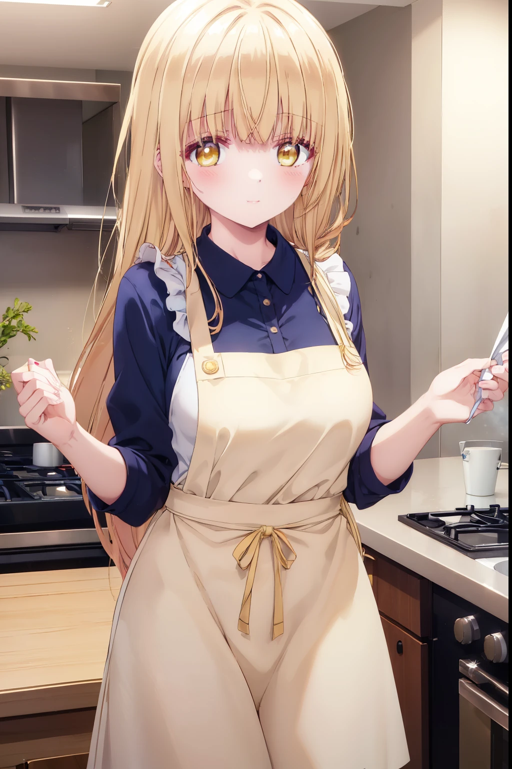 Mahiru shiina, , blonde, (Yellow Eyes:1.3)、Braided long hair,,blush,smile,night、Beautiful scenery, attractive thighs、Beautiful bare legs, Naked Apron、Wearing an apron naked、Cooking food in the kitchen、Bare chest、Nipples are visible
（masterpiece:1.2), highest quality, High resolution, unity 8k wallpaper, (shape:0.8), (Beautiful and beautiful eyes:1.6), Highly detailed face, Perfect lighting, Extremely detailed CG, (Perfect hands, Perfect Anatomy),