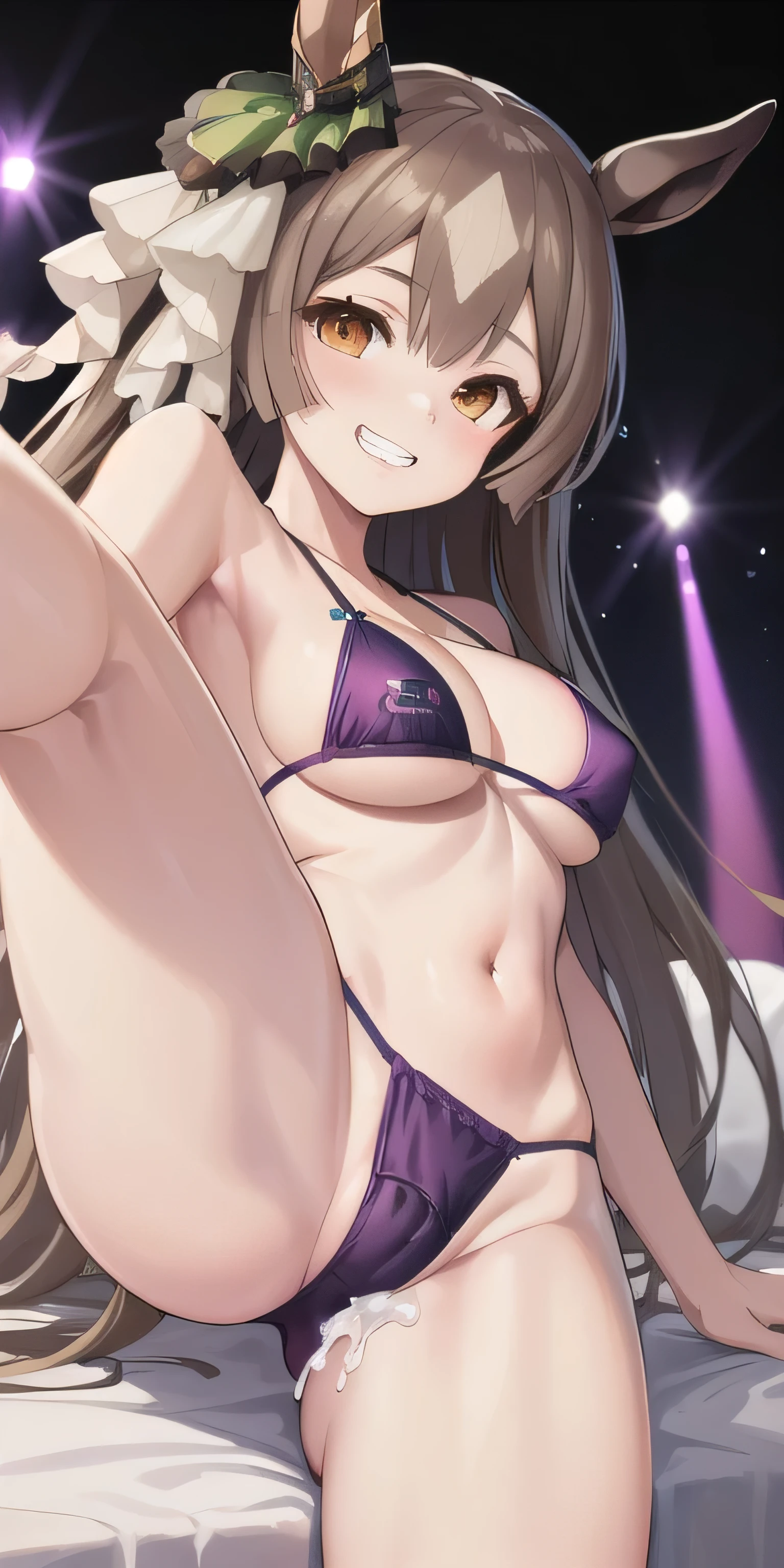 masterpiece, highest quality, close, Face shot, \(Umamusume\),((Purple micro bikini))、sit、(((Leg spread、semen)))、Mansuji、On the bed、Low - Angle、(((Big Breasts)))、Nightclub、Grin、1st from the bottom.3