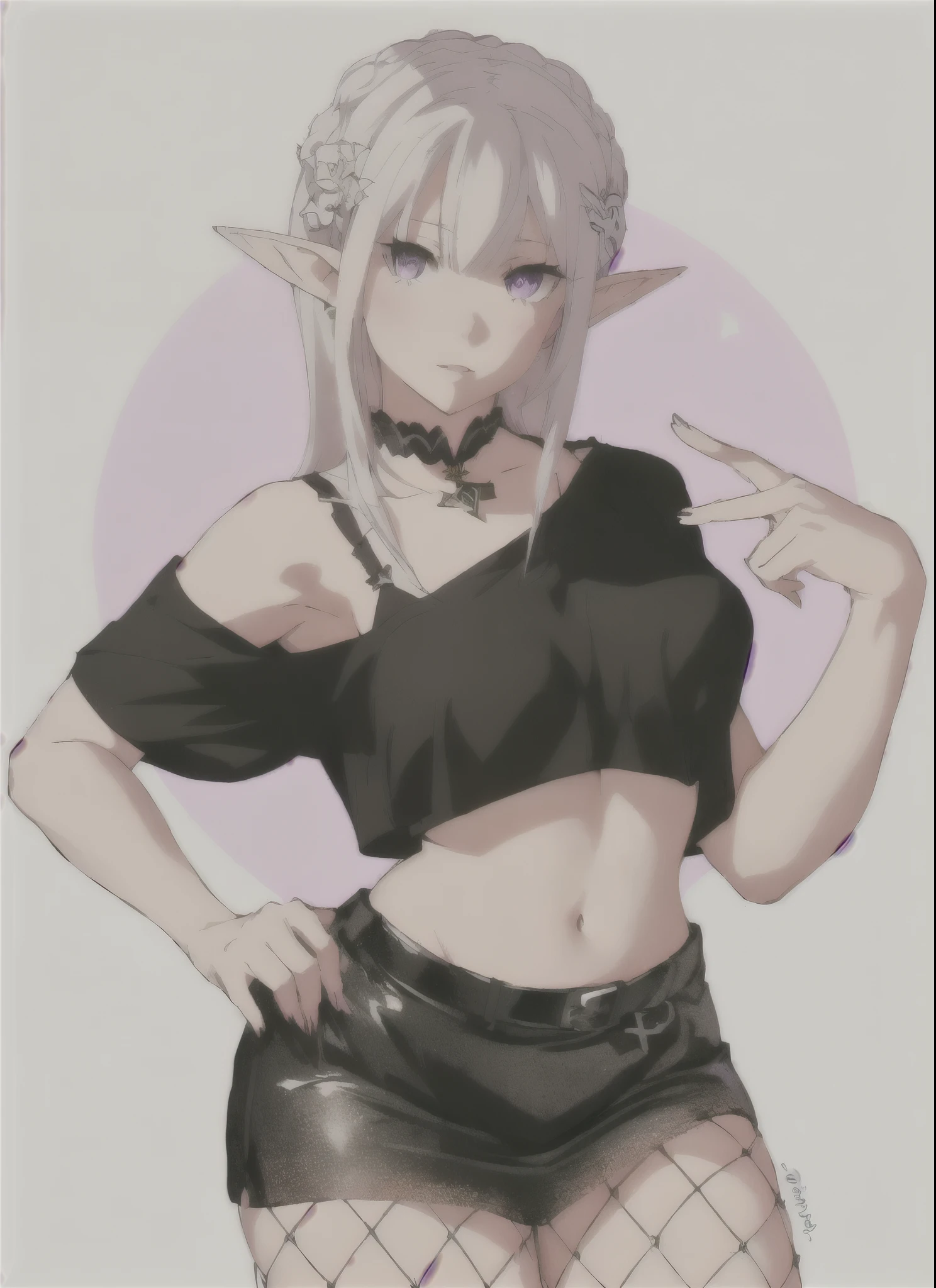Emilia re:zero, purple eyes, Emilia, crown braid, x hair ornament, flower hair ornament, white hair, long hair, medium breasts, a cartoon drawing of a woman with a black top and a black skirt, elf girl, commission for high res, v from devil may cry as an elf, elfpunk, anime style character, full body portrait of a short!, misa amane *, anime realism style, oc commission, in an anime style, in anime style, realistic anime artstyle