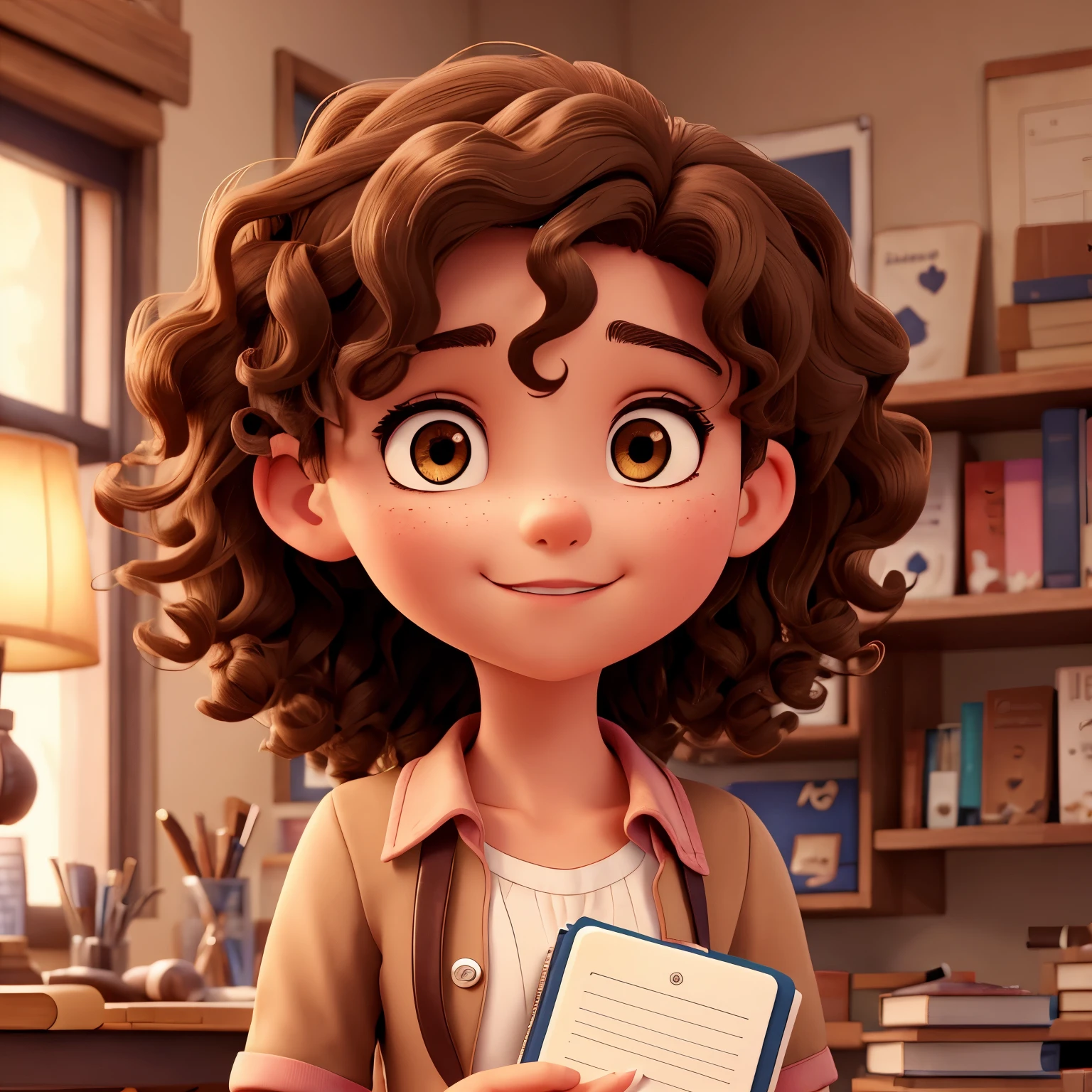 Book cover with a young nurse with curls, light brown eyes and hearts in the background a notebook in the background, y maquillaje de fondo