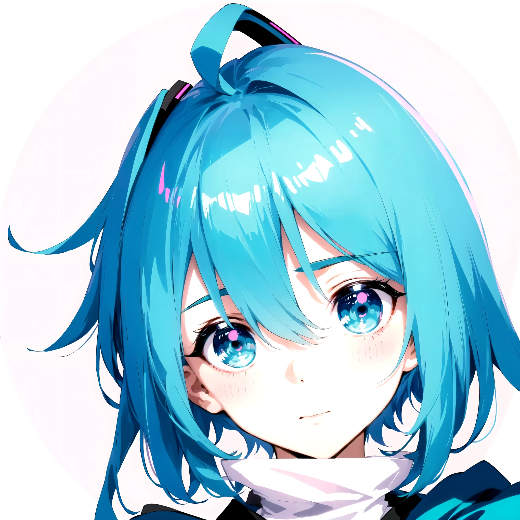 Anime Girl with blue hair and blue eyes in a pink circle, Micudayo, Anime Girl with teal hair, Hatsune Miku's face, Anime cute art style, (Anime Girl), Portrait of Hatsune Miku, Cute anime face, 2D anime style, extremely cute Anime Girl face, Pretty anime face,Smile,necklace,Smile,