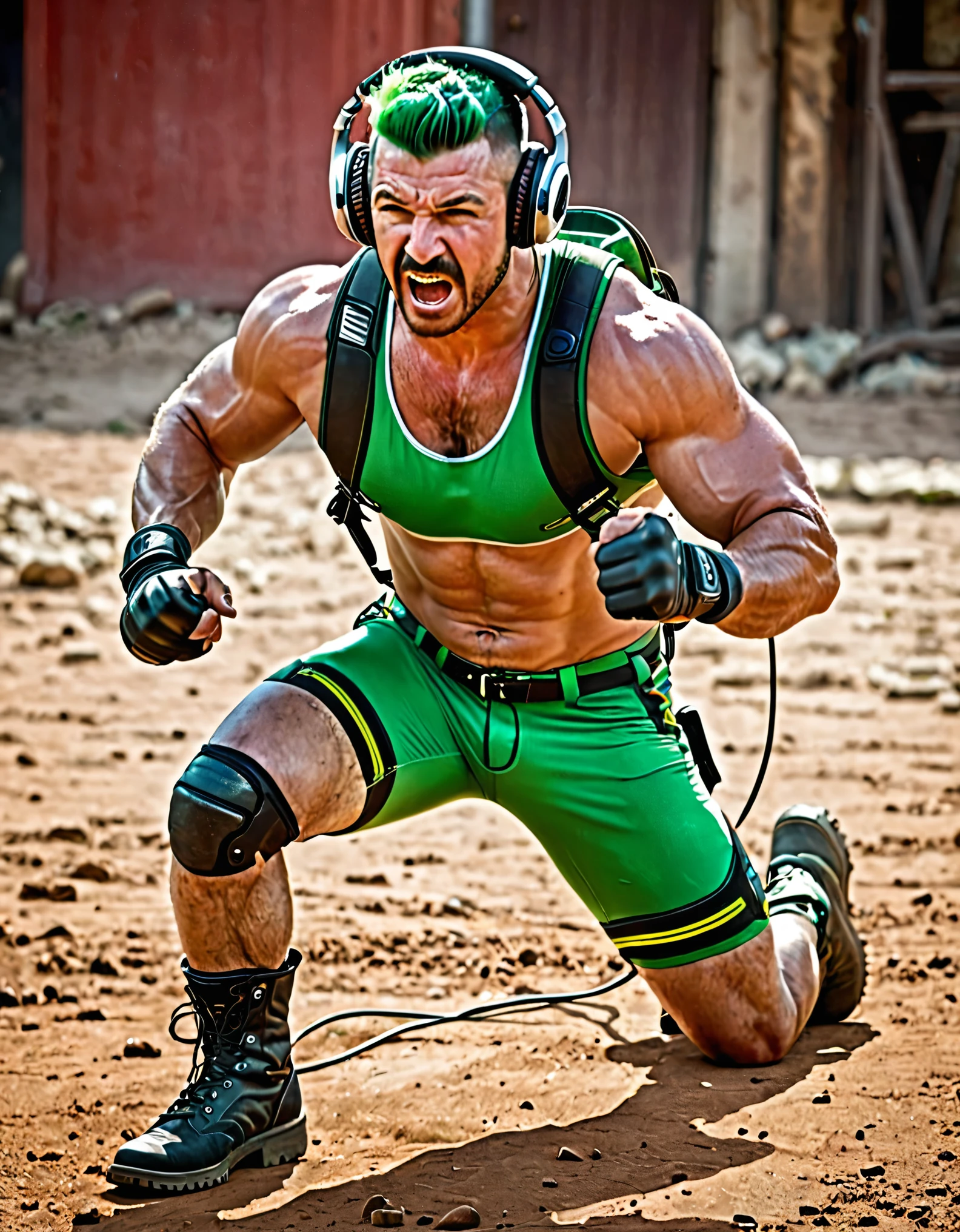 best quality, masterpiece, highres, 1man, early-thirties male, green hair, dark brown hair, crew cut, chest hair, full body, male focus, muscular, outstretched hand, perfect hands, pectorals, solo, wrestling outfit, green bike shorts, (headset, headphones, tactical radio), matching boots, Argentinian, steel skin, angry, full body with costume, cowboy shot, full body shot, rampaging towards the viewer