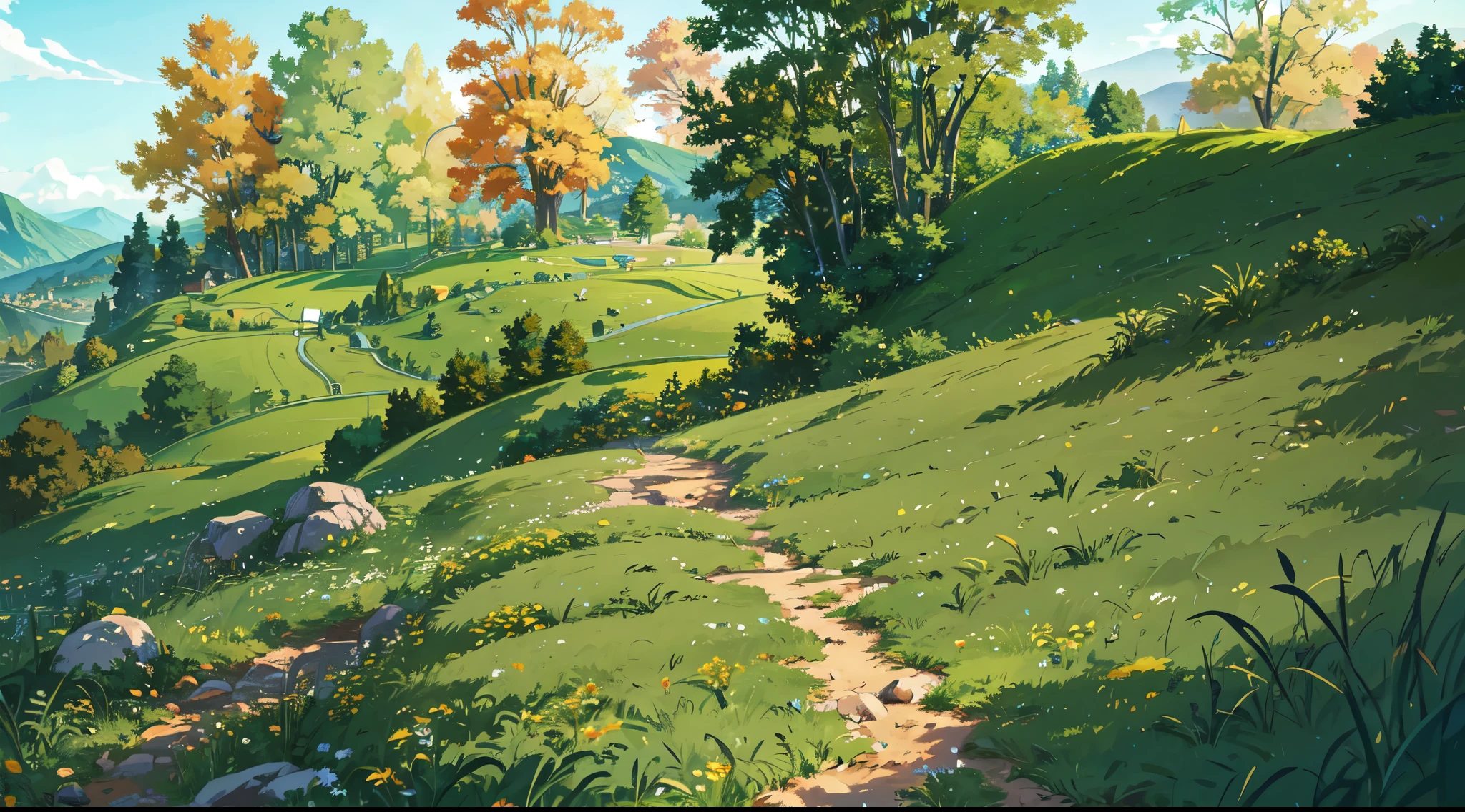 Cartoon beautiful fantasy empty sloping field with trails and trees on a sunny day, arte de fundo, detailed background artwork masterpiece, Mobile game background, game background, 2 D game art background, just plain green grassy country side, not much color scenery art detailed, landscape artwork, Mobile game art, 2d game background, Anime background art, anime countryside landscape, Detailed game art, 4k