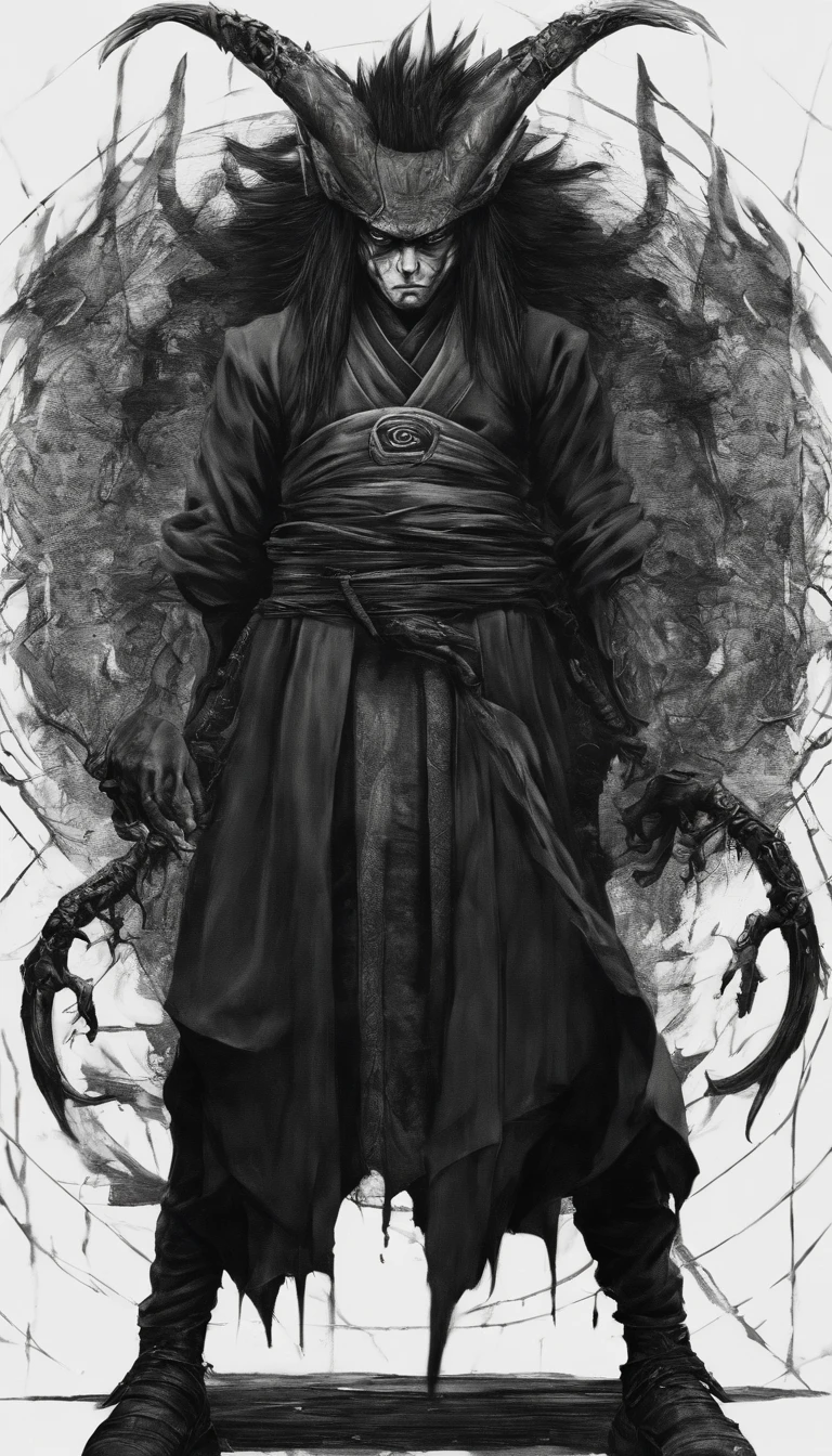 Middle-aged man, Punk drawing style, high-resolution, black color hair, Half is the body of a demon.，Half a demon's face, Chinese Warrior, Thin blue three-dimensional flame demon face, Bird, Wear a hat, Expressing anger, perfect body proportions, Kaftan, Black and white robes, Sheath hanging from his waist, handsome, The seven doppelganger has an unobstructed view, Stand on your feet, （whitebackground：1.3）, Swordsman, He had a long, wide and heavy knife in his hand.。。。。。。。。。。。。。。。。。。。。, Lens face, （black clothes：0.8）, highly detail, Masterpiece, ccurate, anatomically correct, textured skin ((kurama from naruto))