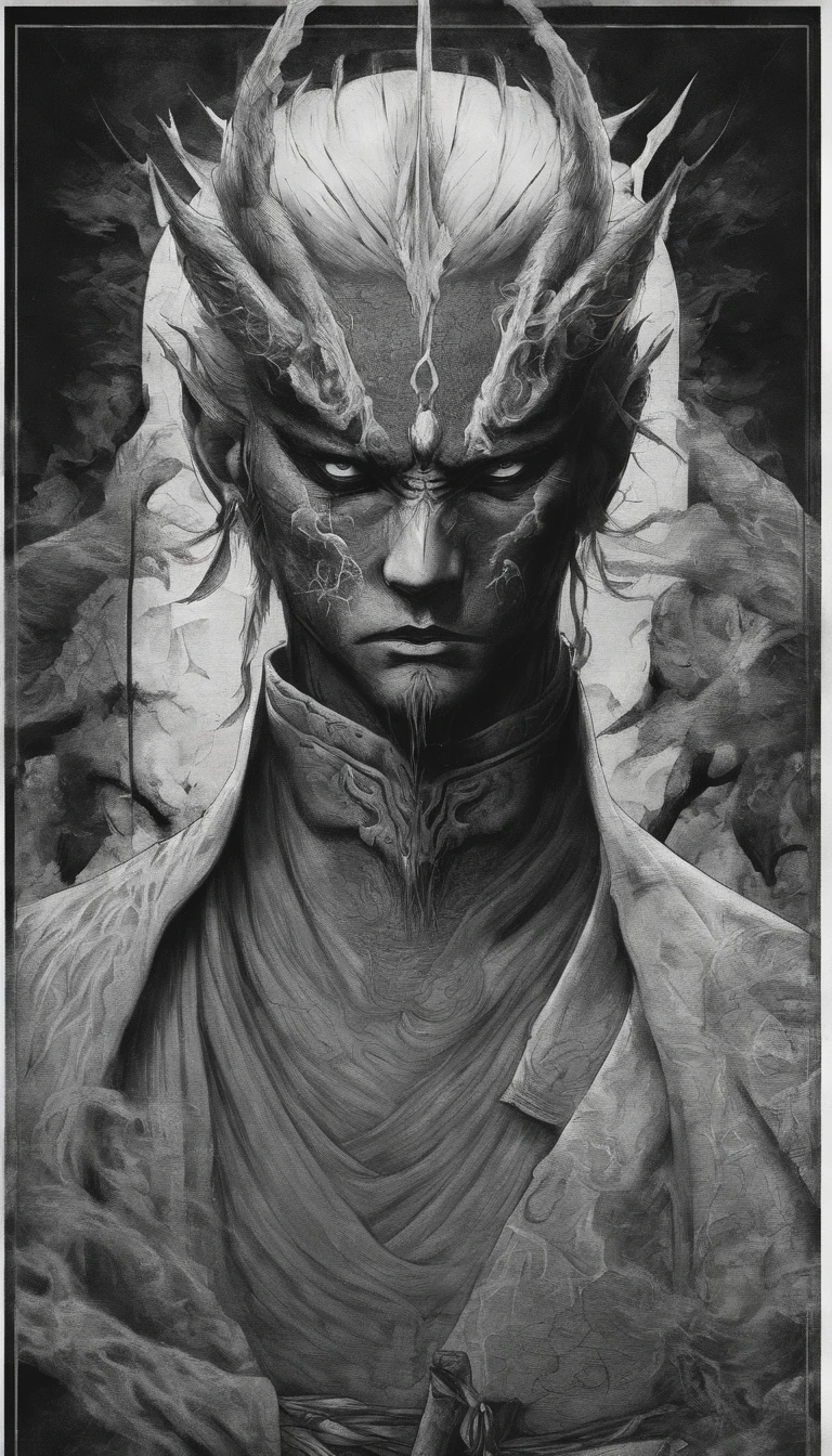 Middle-aged man, Punk drawing style, high-resolution, black color hair, Half is the body of a demon.,Half a demon's face, Chinese Warrior, Thin blue three-dimensional flame demon face, Bird, Wear a hat, Expressing anger, perfect body proportions, Kaftan, Black and white robes, Sheath hanging from his waist, handsome, The seven doppelganger has an unobstructed view, Stand on your feet, (whitebackground:1.3), Swordsman, He had a long, wide and heavy knife in his hand.。。。。。。。。。。。。。。。。。。。。, Lens face, (black clothes:0.8), highly detail, Masterpiece, ccurate, anatomically correct, textured skin ((kurama from naruto))