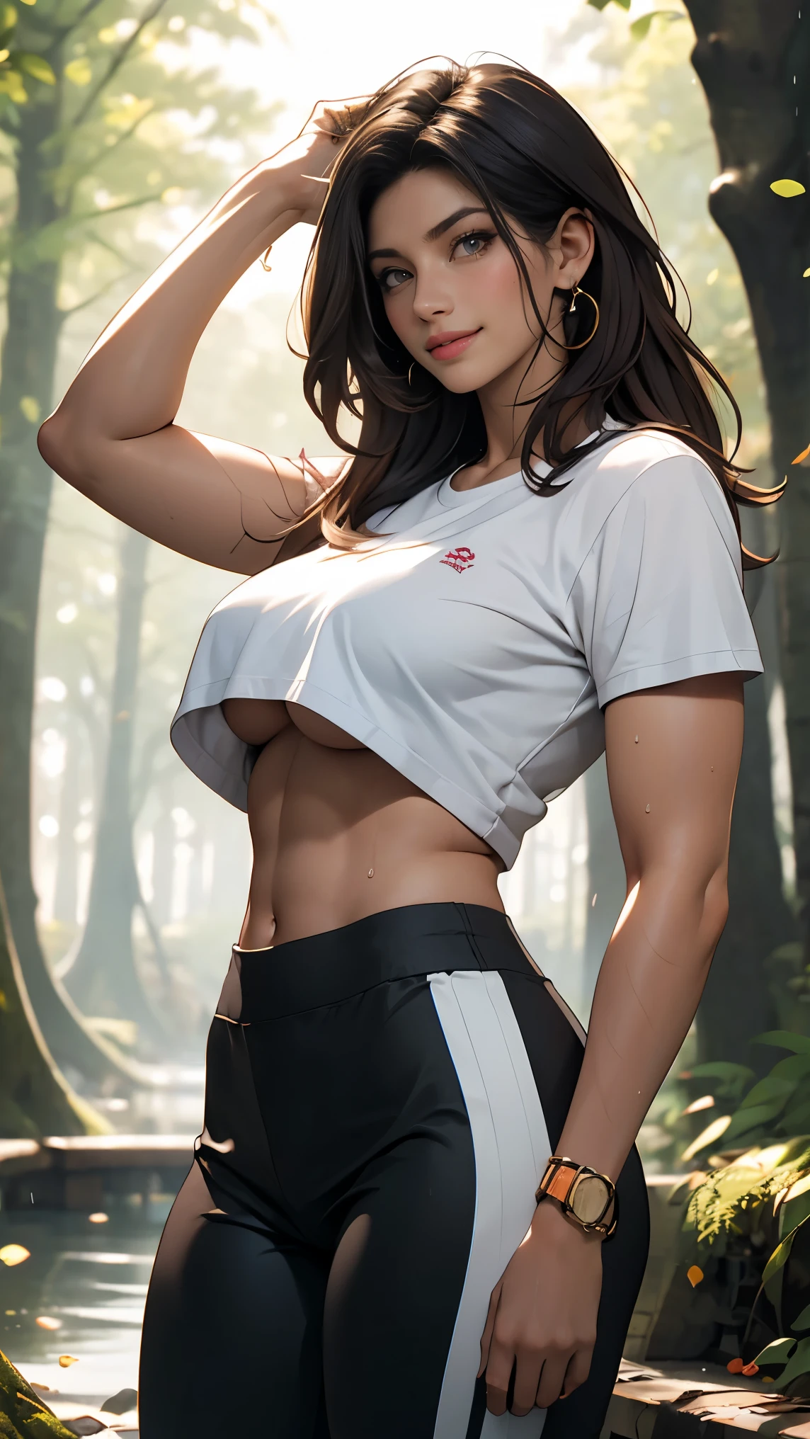 Pretty Caucasian (female), Sarah Shahi, a slim but muscular body, wearing a T-shirt that shows her underboob, smile, at forest, rain, wearing low rise leggings, sneakers