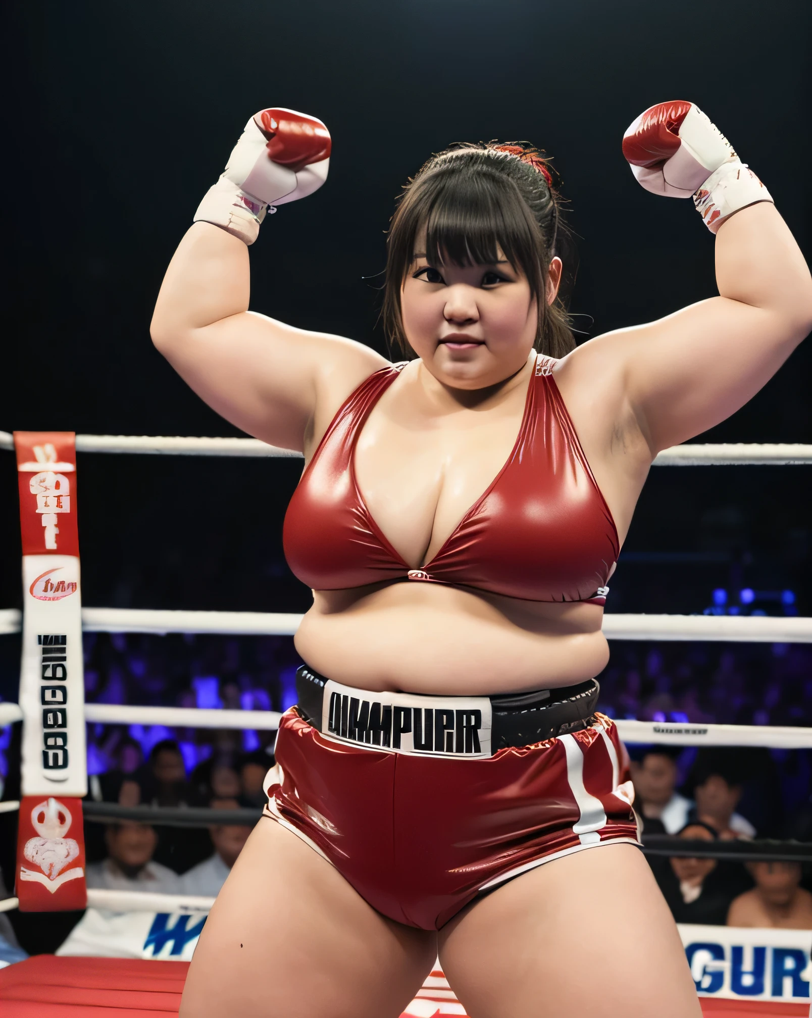 ((Extremely fat Japanese female chubby boxer wears championship belt in the ring)), 4k, High resolution, masterpiece, highest quality