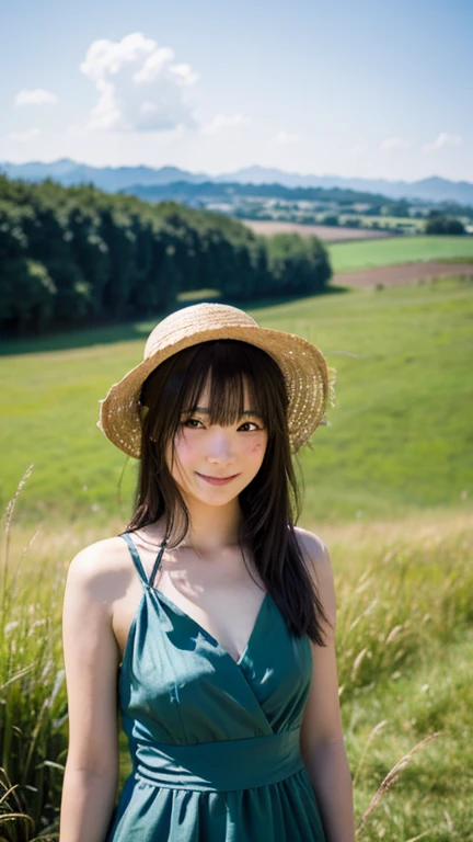 (Highest quality,masterpiece:1.3,Ultra-high resolution),(Very detailed,Caustics,8K),(Realistic:1.4,RAW shooting),18-year-old,cute,Japanese,Straw hat,Black hair medium hair,(one piece),(smile),Looking into the camera,blue sky,sun,(Top of the Hill),(Tall green grassland:1.1),(Sit on the grass),(Ground Level Shot:1.1),(Waist up shot),(Low position:1.1),(Low Angle:1.1),Natural light