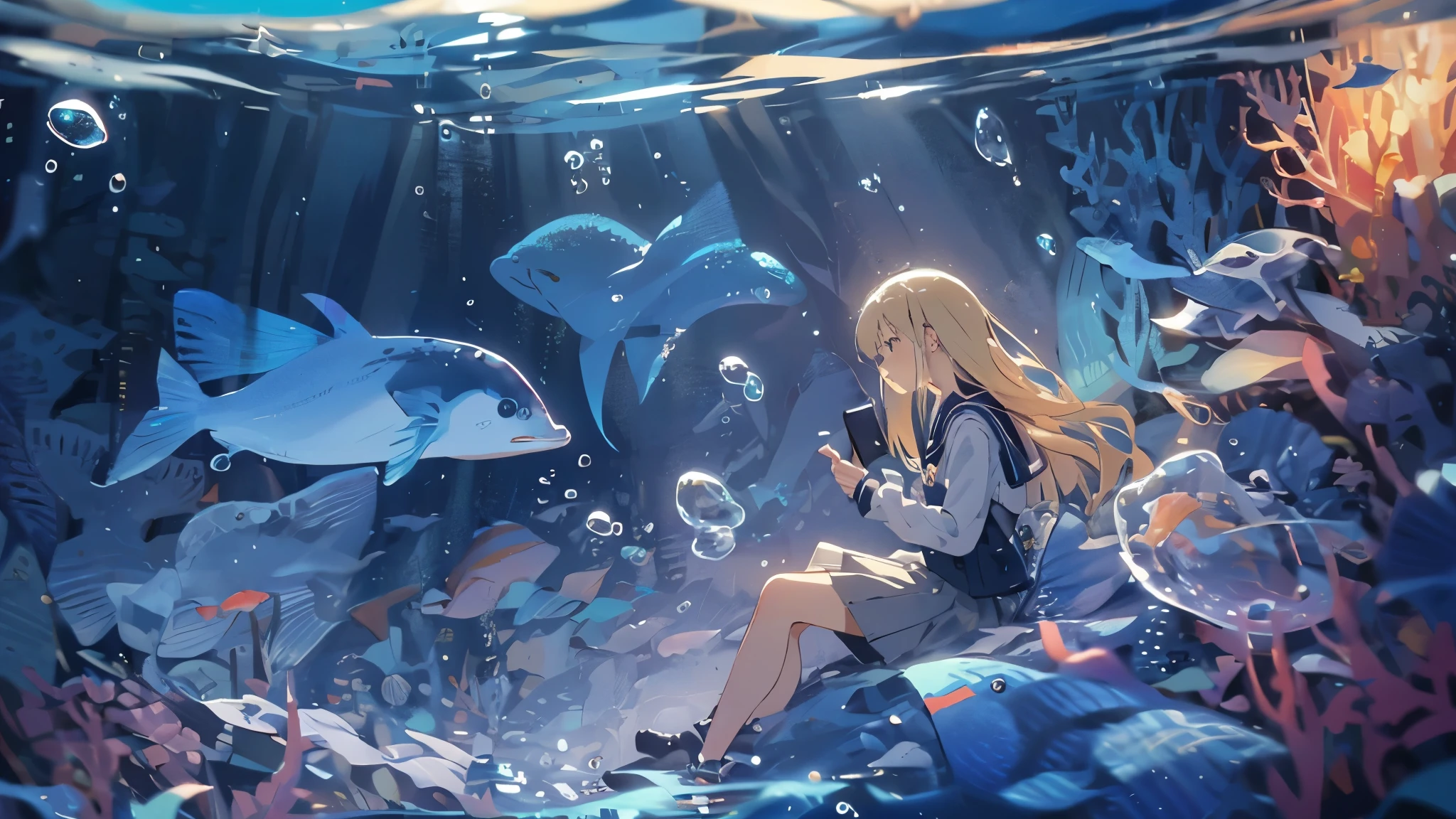(masterpiece:1.3),(highest quality:1.2),8k,Confused,unity 8k wallpaper,(Very detailed:1.3),the best,High resolution,wonderful,shape,Beautiful studio soft light,Stunningly beautiful,incredibly Confused,Crisp details,Cinema Lighting,Moody lighting,Pixiv,Awards, Professional, Very detailed,Face in perfect detail,、
transportation facilities_Against_window, 1 girl, alone, Colorful long blonde hair, skirt, Long sleeve, Sitting, , Gray Hair, pleated skirt, shoes, serafuku, fish, bubble, Blue Theme, (Underwater:1.2), (air bubble:1.3), Inside the train, (Surreal:1.2), (jellyfish:1.2), (whale:1.1),(fish:1.2),Blurred foreground,