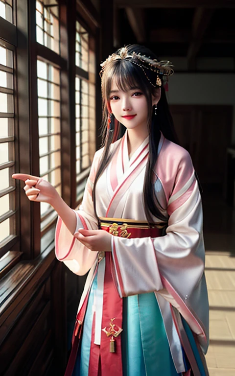 best quality,masterpiece,high resolution,1 Girl,blush,(Holy smile:0.8),Star-shaped pupil,red china Hanfu,Hanfu,Chinese clothes,Long skirt，Hair accessories,necklace,jewelry,Pretty Face,Above_Body,Tyndall effect,Reality,Sunshine Studio,Edge lighting,Two-tone lighting,(Highly detailed skin:1.2),8K Ultra HD,DSLR camera,soft light,high quality,Volumetric Lighting,frank,photo,high resolution,4K,8k,Bokeh,