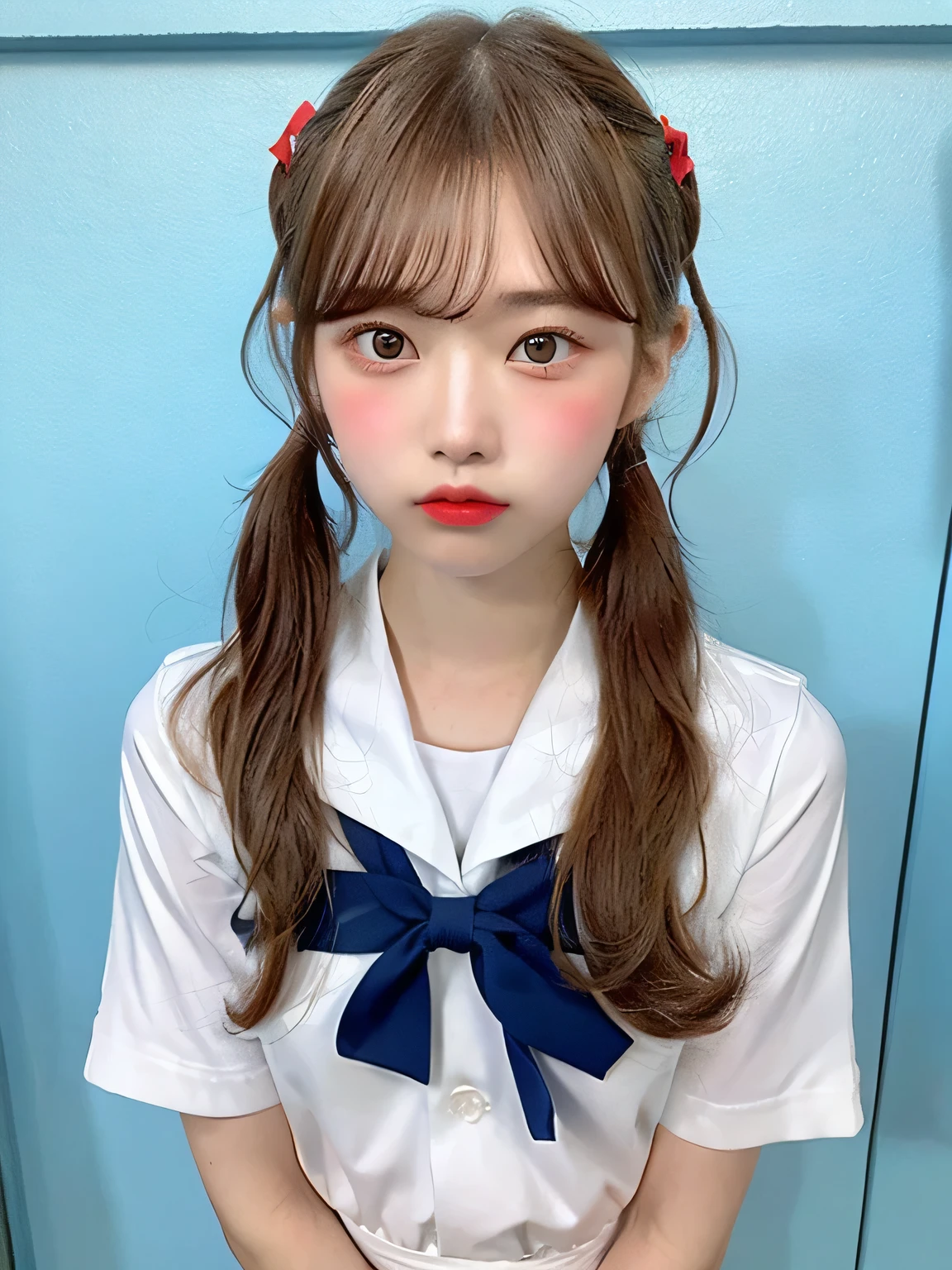 one person、15 years old、Full body photo、slender、woman、White drool coming out of the mouth、Twin tails、Blonde、 Fair skin, messy hair, super cute、Soft and Face、8k resolution、Surreal、Ultra high definition、 A-cup small breasts((Highest resolution、8k、masterpiece:1.3))、Ultra-fine face、Ultra Fine Lips、Beautiful Eyes、double eyelid,Light blue wall、Red short-sleeved sailor suit:1.1、Yellow mini skirt、Thighs、thin,Thighs are visible、Shapely small breasts、