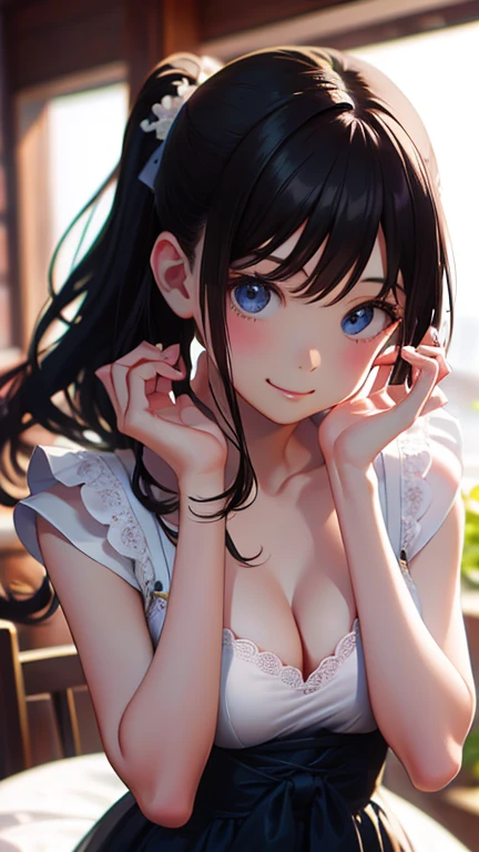 masterpiece, highest quality, One Girl, Thighs, beautiful girl, Flowers, Lots of small petals, Small waist, Official Art, RAWphotograph,Hands are precise、Bright lighting、Face Light, Dynamic Lighting, Cinema Lighting, Ultra-realistic, High resolution, photograph, Sharp focus, Highly detailed eyes and face,Symmetrical face, whole body、Large Breasts、Long Hair、チラリと見えるThighs、Beautiful cleavage、Idol、bride、Sailor suit、mini skirt、Happy smile、lipstick、pantyhose、suspension bridge、White high heels