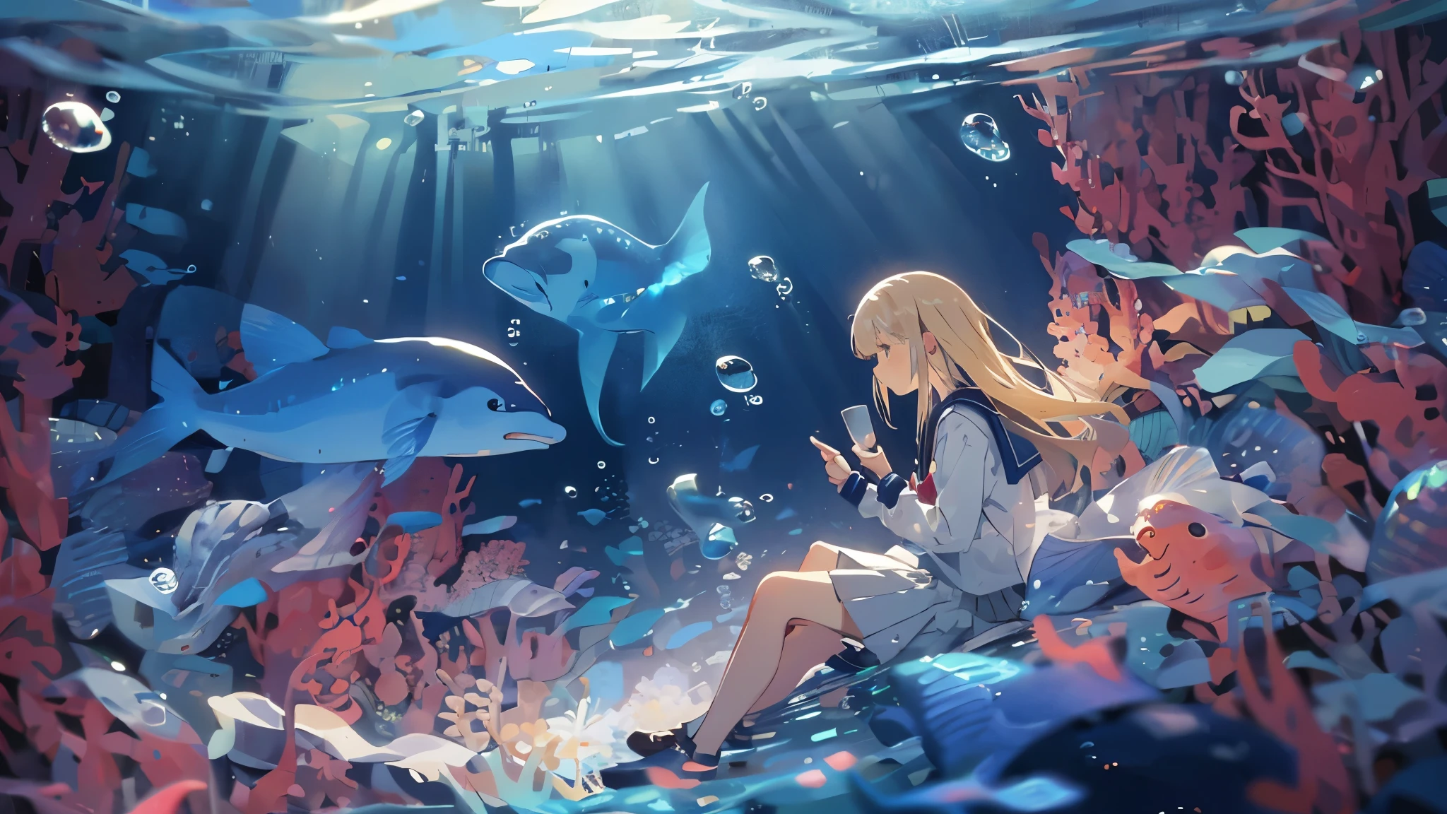 (masterpiece:1.3),(highest quality:1.2),8k,Confused,unity 8k wallpaper,(Very detailed:1.3),the best,High resolution,wonderful,shape,Beautiful studio soft light,Stunningly beautiful,incredibly Confused,Crisp details,Cinema Lighting,Moody lighting,Pixiv,Awards, Professional, Very detailed,Face in perfect detail,、
transportation facilities_Against_window, 1 girl, alone, Colorful long blonde hair, skirt, Long sleeve, Sitting, , Gray Hair, pleated skirt, shoes, serafuku, fish, bubble, Blue Theme, (Underwater:1.2), (air bubble:1.3), Inside the train, (Surreal:1.2), (jellyfish:1.2), (whale:1.1),(fish:1.2),Blurred foreground,