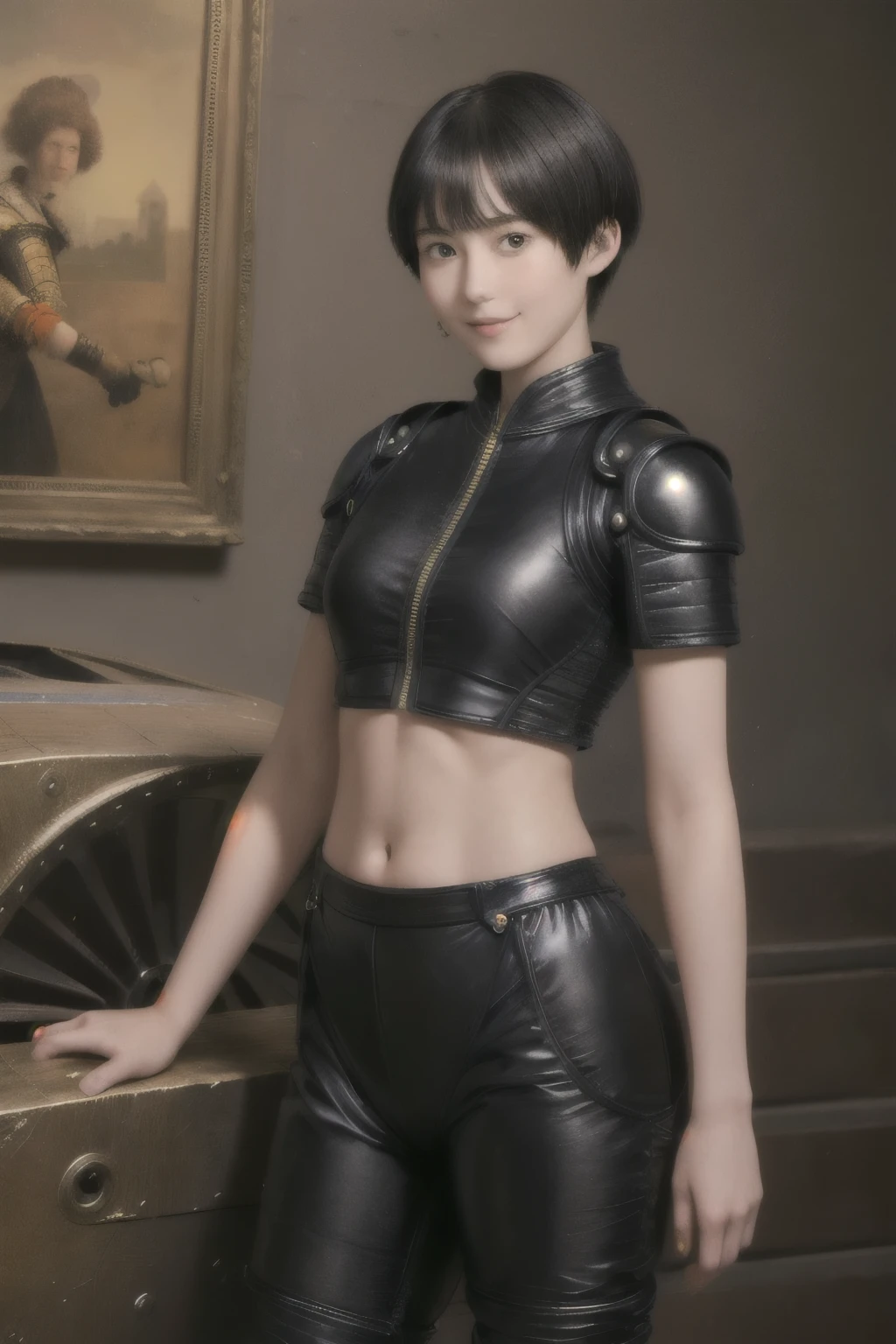 223 Short Hair, 20-year-old woman, A kind smile, (Luxurious stables), (Rembrandt-style painting), ((machinery suit,Clothes with short sleeves)),I can see your abs