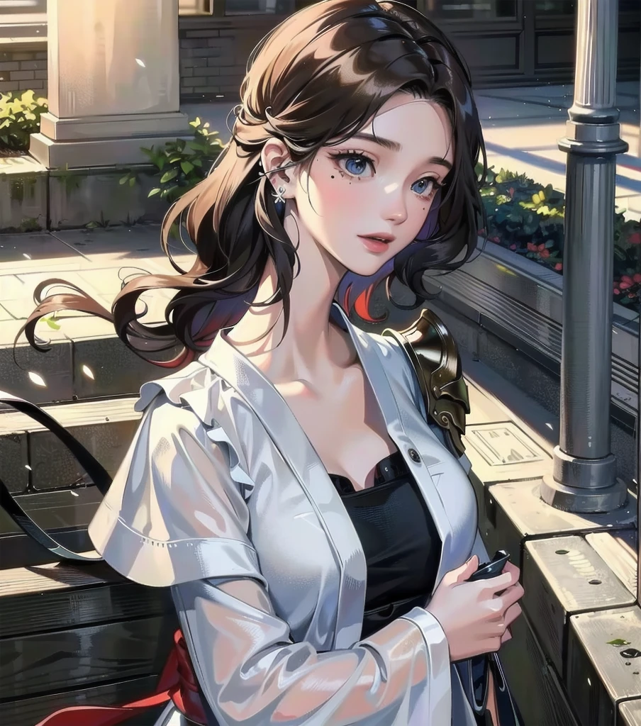 masterpiece, best quality, extremely delicate and beautiful, ultra-detailed, high-resolution, 20 years old, detailed beautiful face, tearful mole, earring, very huge round breasts, short medium hair, wavy hair, wet clothes, full body shot, alone, (assassin), kimono, (armor),