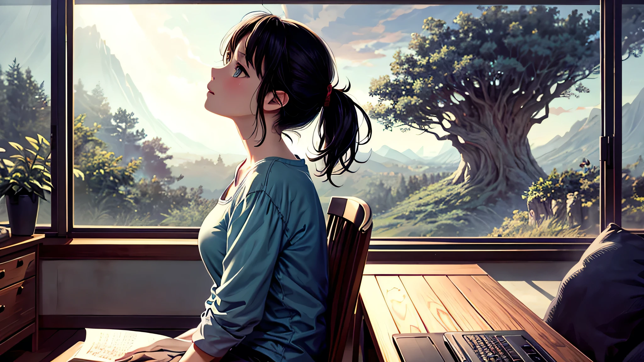 alone, Singular light, woman, face seen from the side, sideways, cosmic, fantsy, looking away:1.4, adult, busty, Ghibli-like design, living room, sitting, dark hair, studying, Completely, landscape orientation, side view, music