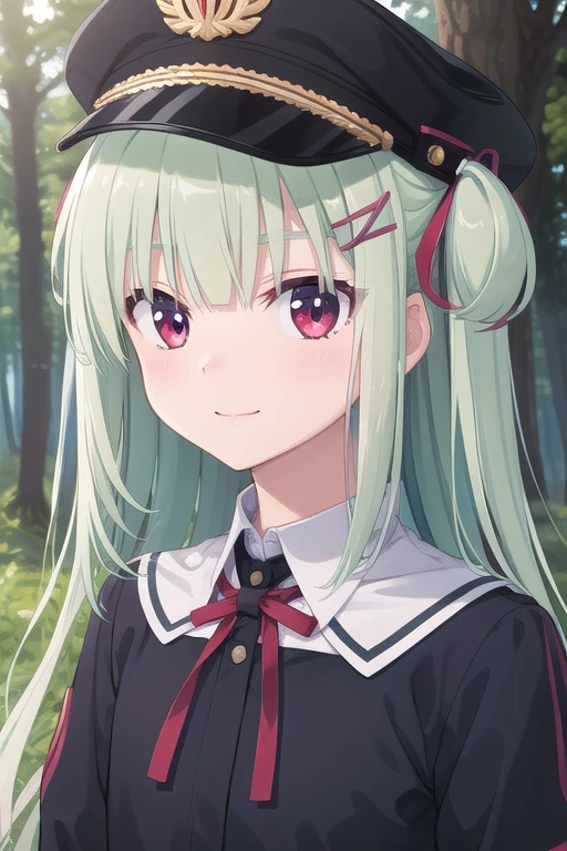 ((masterpiece)),(best quality),official art,Extremely detailed CG,Unity 8K wallpaper,Super detailed,Beautiful and delicate eyes,Extremely detailed face,forest,nature,1 Girl,Solitary,Upper Body,(portrait:1.5),Looking at the audience,For the audience,(small:1.3),Smile,permanent,Murasame,Very long hair,Green Hair,Both sides up,Purple bow,Hairpin,Side lock,Bangs,Red Eyes,Neck strap,Red belt,Blue Jacket,Wing collar,Open jacket,White shirt,Long sleeve,,Blue skirt,Pleated Skirt,Ruffle skirt,Black socks,White shoes,Peaked Cap