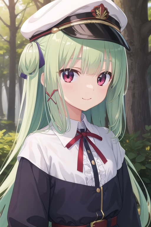 ((masterpiece)),(best quality),official art,Extremely detailed CG,Unity 8K wallpaper,Super detailed,Beautiful and delicate eyes,Extremely detailed face,forest,nature,1 Girl,Solitary,Upper Body,(portrait:1.5),Looking at the audience,For the audience,(small:1.3),Smile,permanent,Murasame,Very long hair,Green Hair,Both sides up,Purple bow,Hairpin,Side lock,Bangs,Red Eyes,Neck strap,Red belt,Blue Jacket,Wing collar,Open jacket,White shirt,Long sleeve,,Blue skirt,Pleated Skirt,Ruffle skirt,Black socks,White shoes,Peaked Cap
