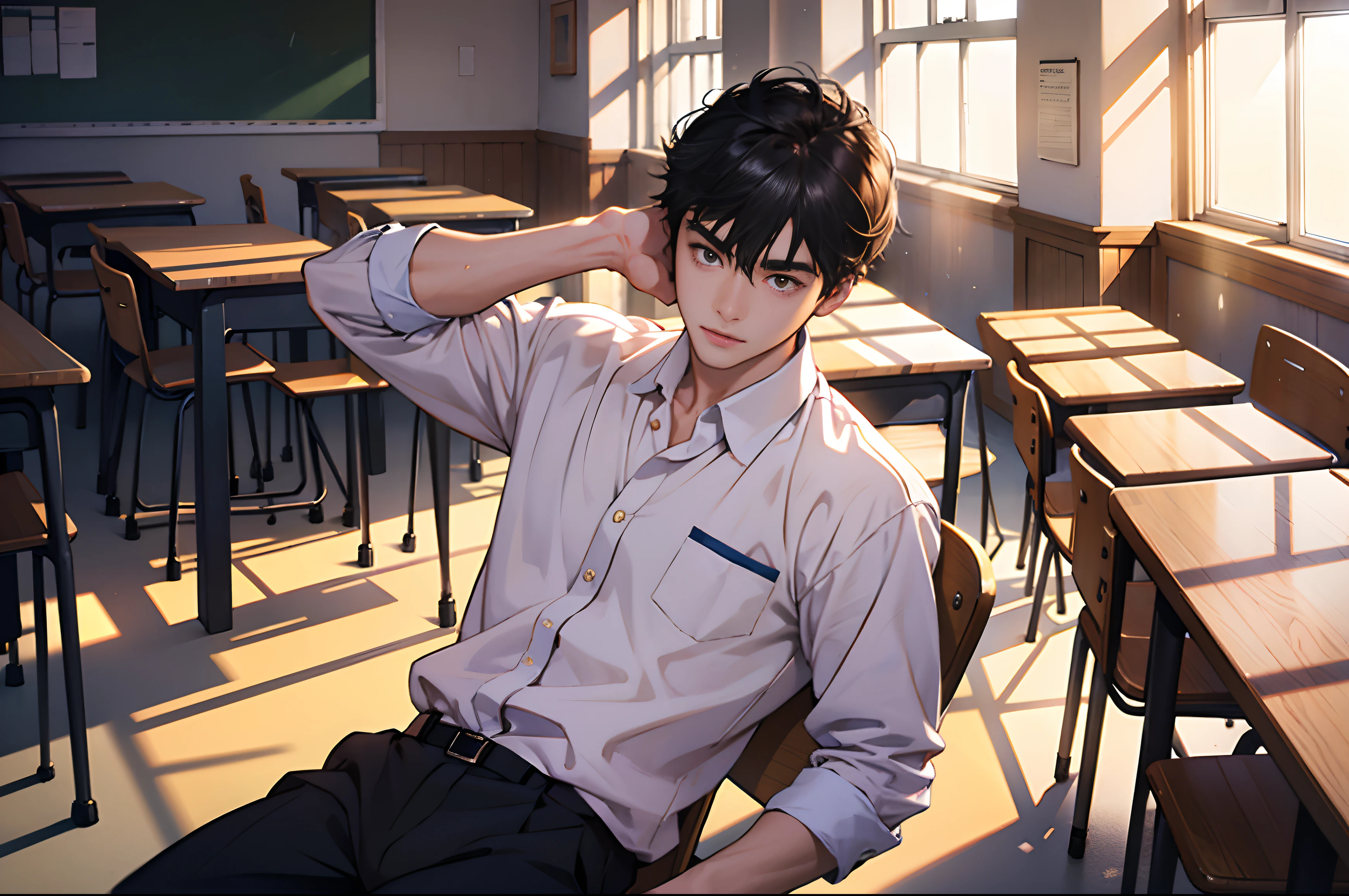 Man,shoun,Young men,High school students,The background is in the classroom,,extreme hight detail,Realistic light and shadow,Sunlight comes in through the windows,facula,softlighting,Soft focus,The best quality,Be red in the face,Look at the lens, sit on chair,Rest your head on the table,Hold your cheeks