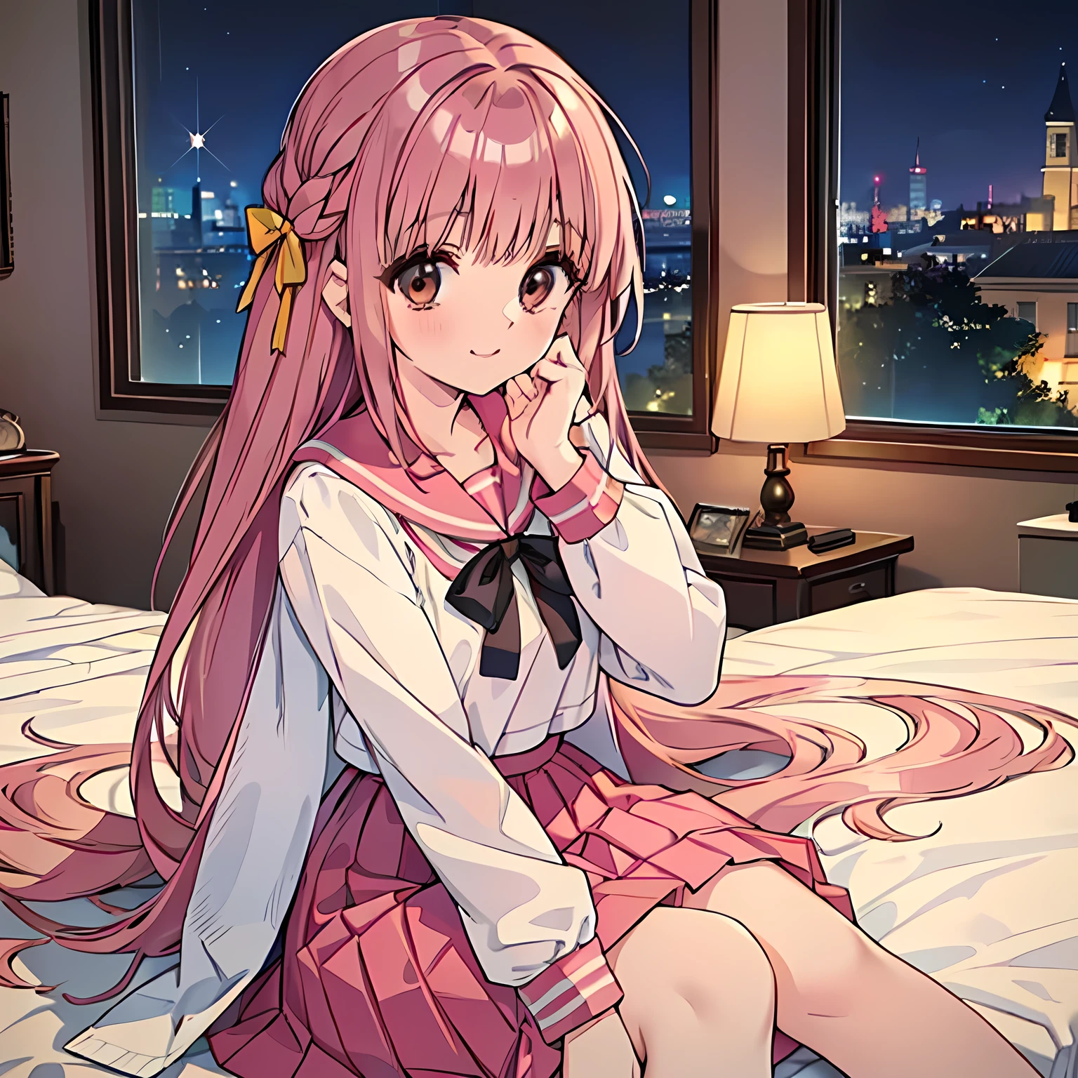 highest quality, (masterpiece:1.2), Very detailed, ((Very beautiful beautiful girl１A person is sitting on a bed, smiling sweetly and seductively, trying to please the viewer)), (((Beautiful long, very shiny peach-colored hair))), She has a big yellow ribbon in her hair., ((Pink sailor suit)), ((Pink pleated long skirt)), silk light pink blouse, puffed sleeves with ivory ribbon on sleeves, Smiling, ((((Very beautiful and bright brown eyes)))), ((Cute and very long eyelashes)), laughing, Big yellow ribbon bowtie, ((An elegant and gentle expression like a noble princess)), ((The white light illuminates her face, her beautiful expression and her beautiful hair.))