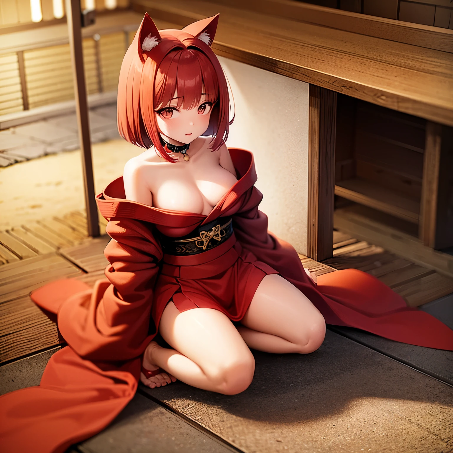 girl cute Red hair Bob Hair Animal Ears kimono sexy shrine torii stage Erotic Chest exposed
