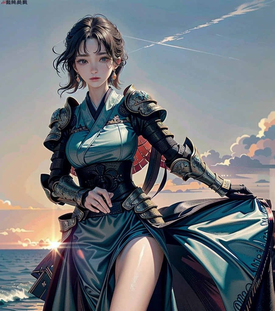 masterpiece, best quality, extremely delicate and beautiful, ultra-detailed, high-resolution, 20 years old, detailed beautiful face, tearful mole, earring, very huge round breasts, short medium hair, wavy hair, wet clothes, full body shot, alone, (assassin), kimono, (armor),