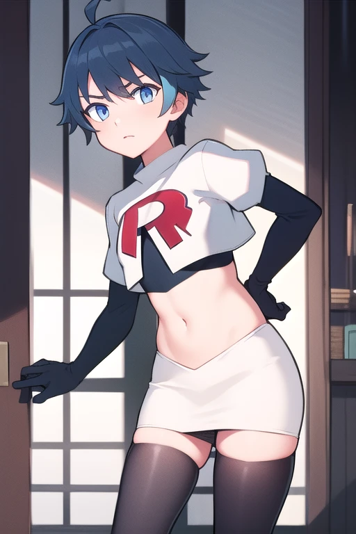 masterpiece, absurdres, male focus, trap, crossdressing,1boy, chongyun,blue hair, ahoge,blue eyes, team rocket,team rocket uniform,white skirt,red letter R,crop top,black thigh-highs,black elbow gloves