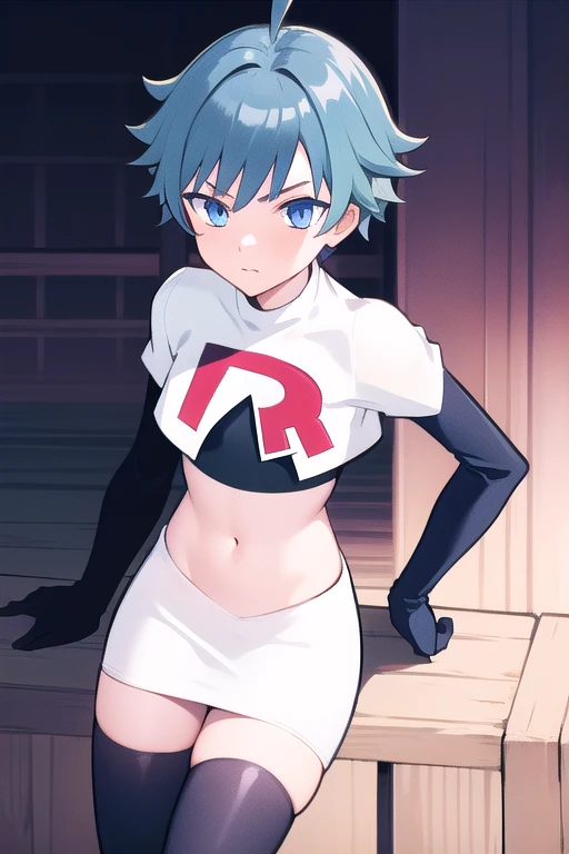 masterpiece, absurdres, male focus, trap, crossdressing,1boy, chongyun,blue hair, ahoge,blue eyes, team rocket,team rocket uniform,white skirt,red letter R,crop top,black thigh-highs,black elbow gloves