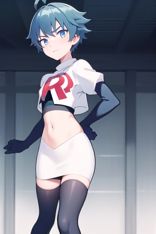 masterpiece, absurdres, male focus, trap, crossdressing,1boy, chongyun,blue hair, ahoge,blue eyes, team rocket,team rocket uniform,white skirt,red letter R,crop top,black thigh-highs,black elbow gloves