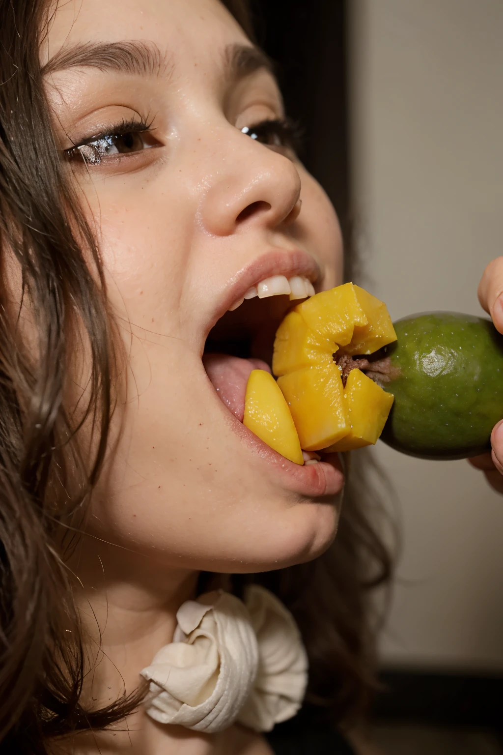 Uma linda mulher colocando uma banana na boca. Detalhes intrincados