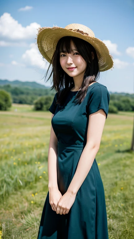 ((Whole body 1.4)),(highest quality,masterpiece:1.3,Ultra-high resolution),(Very detailed,Caustics,8k),(Realistic:1.4,RAW shooting),18-year-old,cute,Japanese,Straw hat,Black hair medium hair,(Strong winds:1.1),(Hair blowing in the wind:1.1),(Open-chested dress),(smile),Looking at the camera,blue sky,sun,Natural light,(overgrown with tall grass),(Green grassland:1.1),(Standing in the grass:1.1),