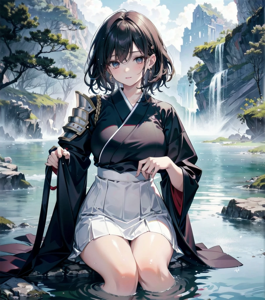 masterpiece, best quality, extremely delicate and beautiful, ultra-detailed, high-resolution, 20 years old, detailed beautiful face, tearful mole, earring, very huge round breasts, short medium hair, wavy hair, wet clothes, full body shot, alone, (assassin), kimono, (armor),