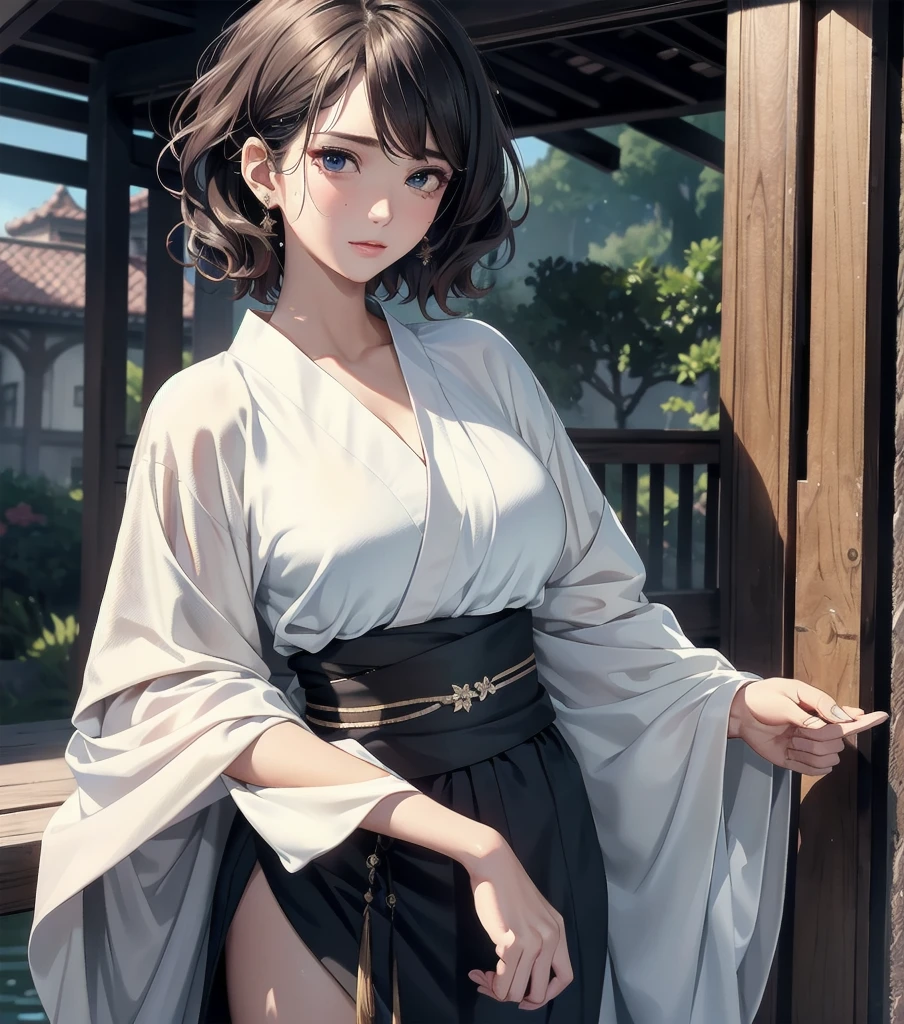 masterpiece, best quality, extremely delicate and beautiful, ultra-detailed, high-resolution, 20 years old, detailed beautiful face, tearful mole, earring, very huge round breasts, short medium hair, wavy hair, wet clothes, full body shot, alone, (assassin), kimono, (armor),