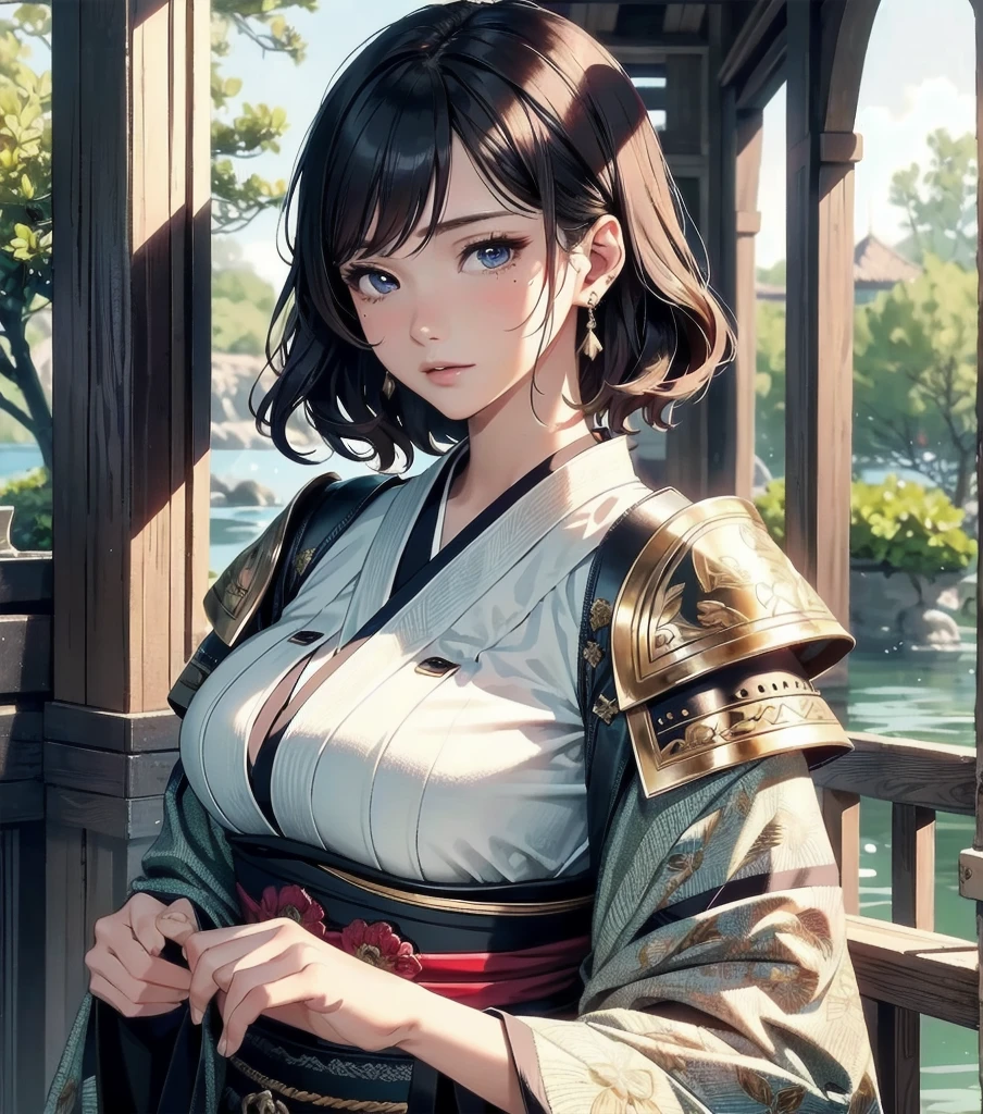 masterpiece, best quality, extremely delicate and beautiful, ultra-detailed, high-resolution, 20 years old, detailed beautiful face, tearful mole, earring, very huge round breasts, short medium hair, wavy hair, wet clothes, full body shot, alone, (assassin), kimono, (armor),