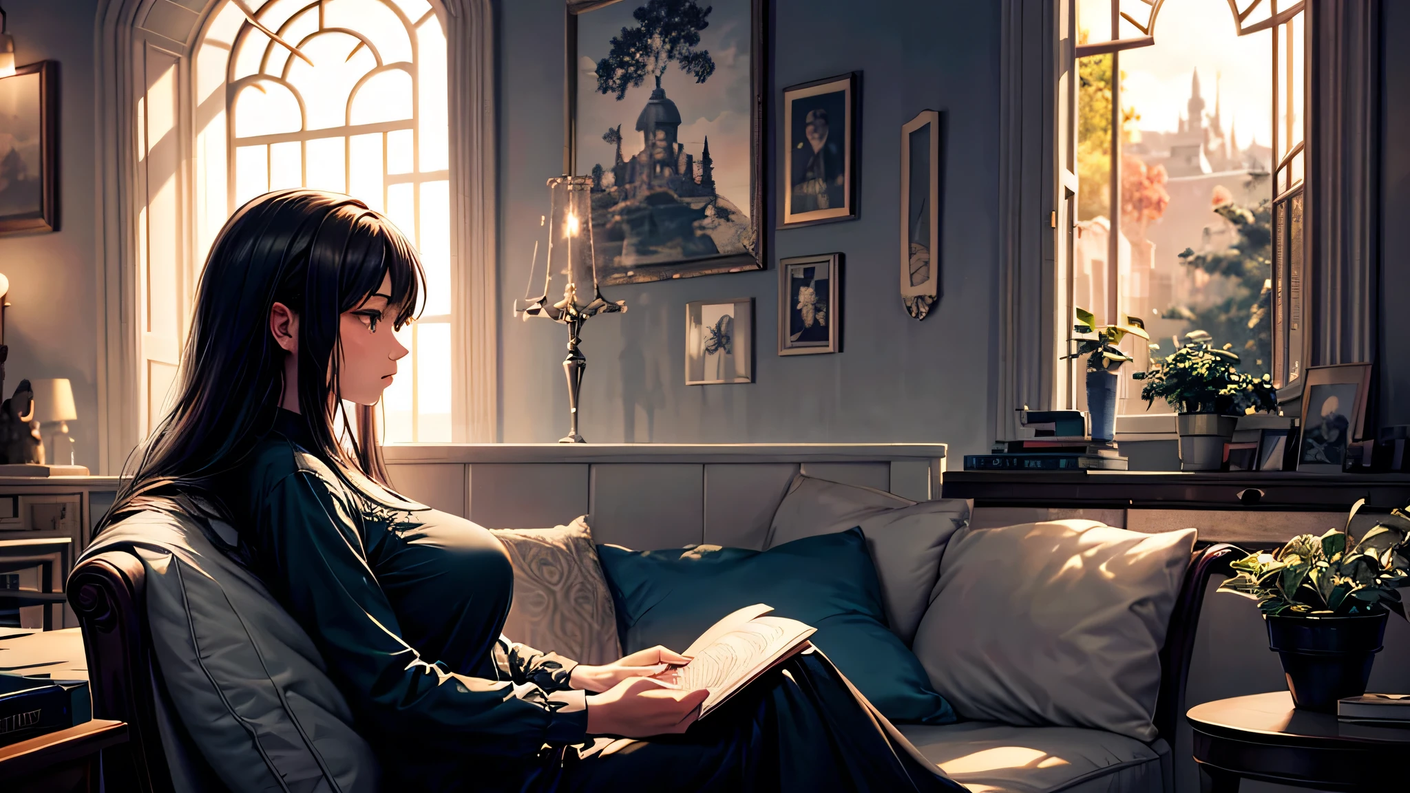 alone, Singular light, woman, face seen from the side, sideways, cosmic, fantsy, looking away:1.4, adult, busty, Ghibli-like design, living room, sitting, dark hair, studying, Completely, landscape orientation, side view, music