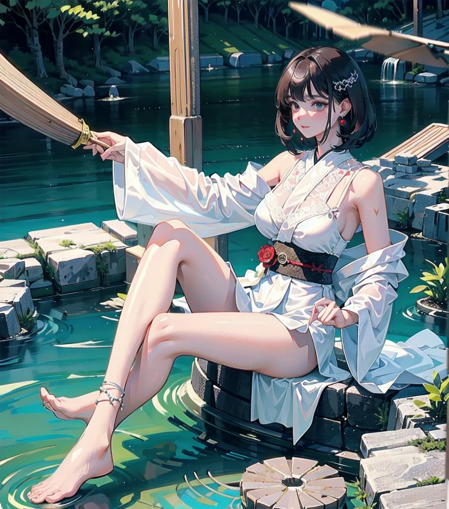 masterpiece, best quality, extremely delicate and beautiful, ultra-detailed, high-resolution, 20 years old, detailed beautiful face, tearful mole, earring, very huge round breasts, short medium hair, wavy hair, wet clothes, full body shot, alone, (assassin), kimono, (armor),