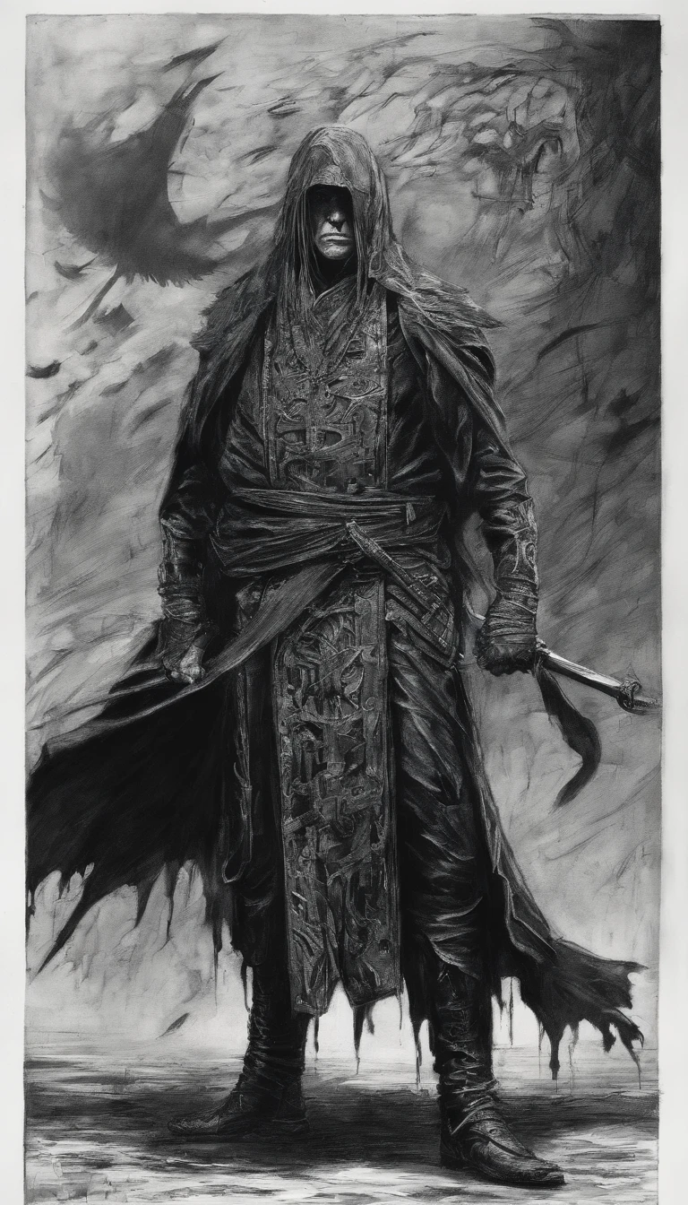 Middle-aged man, Punk drawing style, high-resolution, black color hair, Half is the body of a demon.,Half a demon's face, Chinese Warrior, Thin blue three-dimensional flame demon face, Bird, Wear a hat, Expressing anger, perfect body proportions, Kaftan, Black and white robes, Sheath hanging from his waist, handsome, The seven doppelganger has an unobstructed view, Stand on your feet, (whitebackground:1.3), Swordsman, He had a long, wide and heavy knife in his hand.。。。。。。。。。。。。。。。。。。。。, Lens face, (black clothes:0.8), highly detail, Masterpiece, ccurate, anatomically correct, textured skin ((Dominic toreto from fast and furious))