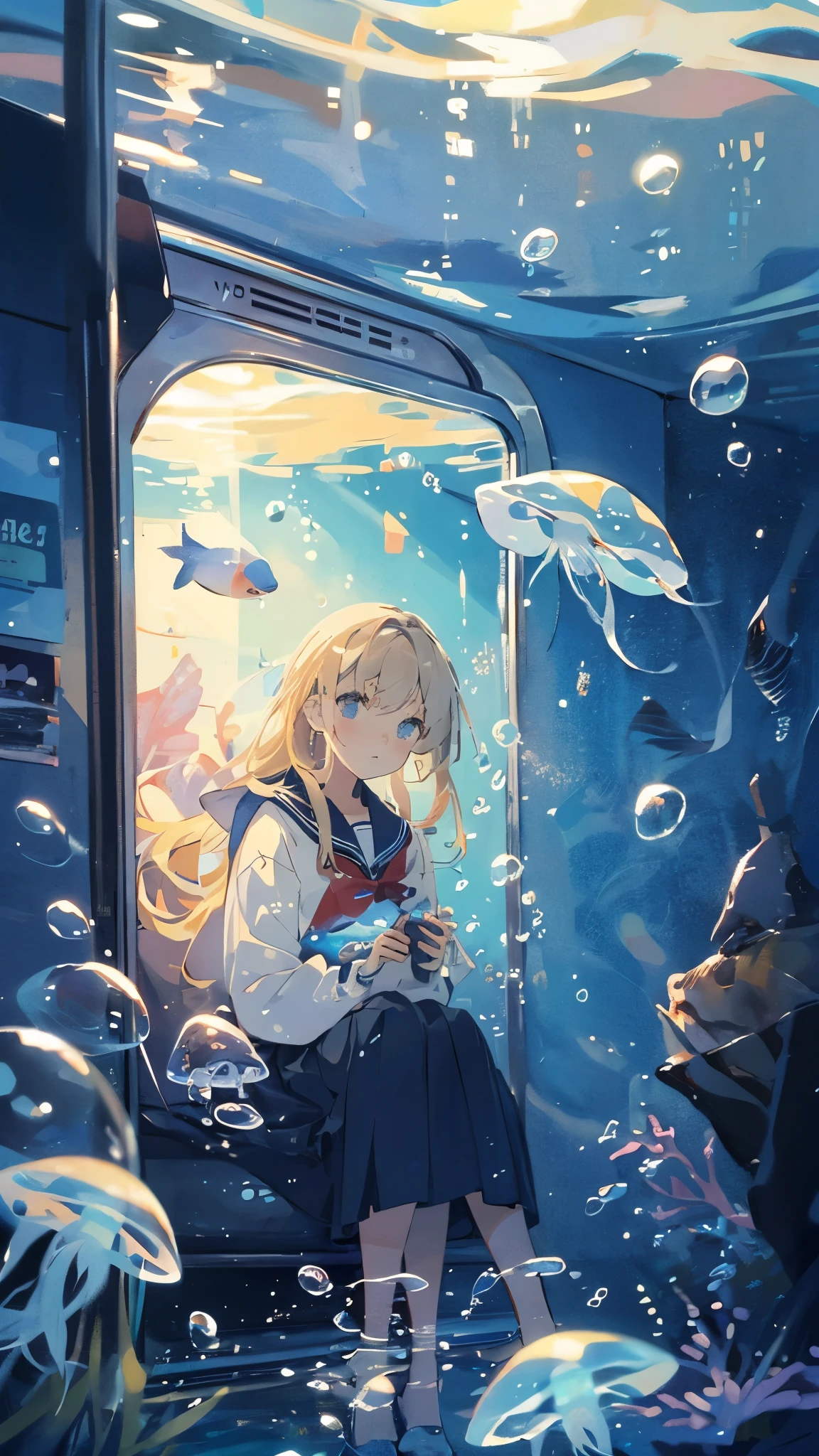 (masterpiece:1.3),(highest quality:1.2),8k,Confused,unity 8k wallpaper,(Very detailed:1.3),the best,High resolution,wonderful,shape,Beautiful studio soft light,Stunningly beautiful,incredibly Confused,Crisp details,Cinema Lighting,Moody lighting,Pixiv,Awards, Professional, Very detailed,Face in perfect detail,、
transportation facilities_Against_window, 1 girl, alone, Colorful long blonde hair, skirt, Long sleeve, Sitting, , Gray Hair, pleated skirt, shoes, serafuku, fish, bubble, Blue Theme, (Underwater:1.2), (air bubble:1.3), Inside the train, (Surreal:1.2), (jellyfish:1.2), (whale:1.1),(fish:1.2),Blurred foreground,