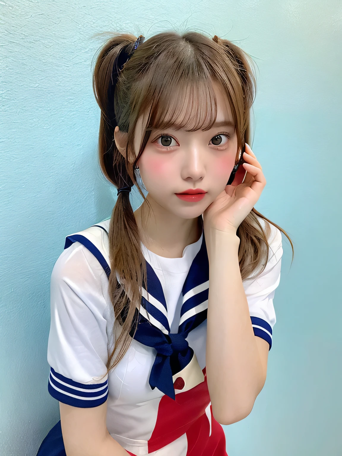 one person、、Full body photo、slender、woman、White drool coming out of the mouth、Twin tails、Blonde、 Fair skin, messy hair, super cute、Soft and Face、8k resolution、Surreal、Ultra high definition、 A-cup small breasts((Highest resolution、8k、masterpiece:1.3))、Ultra-fine face、Ultra Fine Lips、Beautiful Eyes、double eyelid,Light blue wall、Red short-sleeved sailor suit:1.1、Yellow mini skirt、The underwear is slightly visible、Thighs、thin,Thighs are visible、Shapely small breasts、
