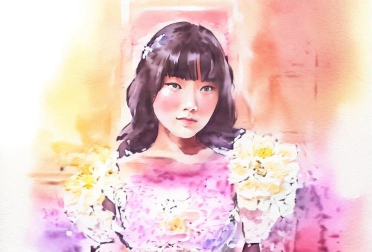 painting of a girl with dark yellow hair wearing a pink floral dress, beautiful character painting, by Ye Xin, beautiful painting, by Yan Liben, watercolor painting, watercolor painting, watercolor painting, realistic beautiful girl painting, by Pu Hua , watercolor painting style, by Xia Yong, by Li Fangying, by Huang Ji, watercolor, by Zeng Jing