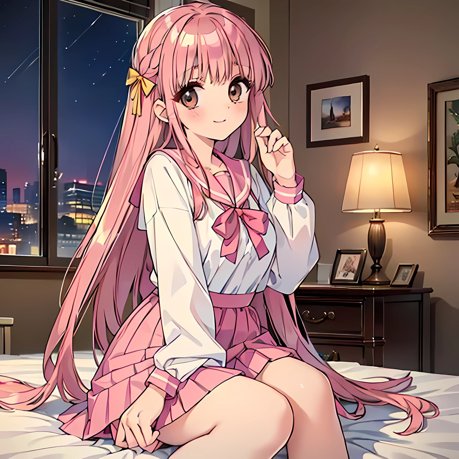 highest quality, (masterpiece:1.2), Very detailed, ((Very beautiful grown-up girl１A person is sitting on a bed, smiling sweetly and seductively, trying to please the viewer)), (((Beautiful long, very shiny peach-colored hair))), She has a big yellow ribbon in her hair., ((Pink sailor suit)), ((Pink pleated long skirt)), silk light pink blouse, puffed sleeves with ivory ribbon on sleeves, Smiling, ((((Very beautiful and bright brown eyes)))), ((Cute and very long eyelashes)), laughing, Big yellow ribbon bowtie, ((An elegant and gentle expression like a noble princess)), ((The white light illuminates her face, her beautiful expression and her beautiful hair.))