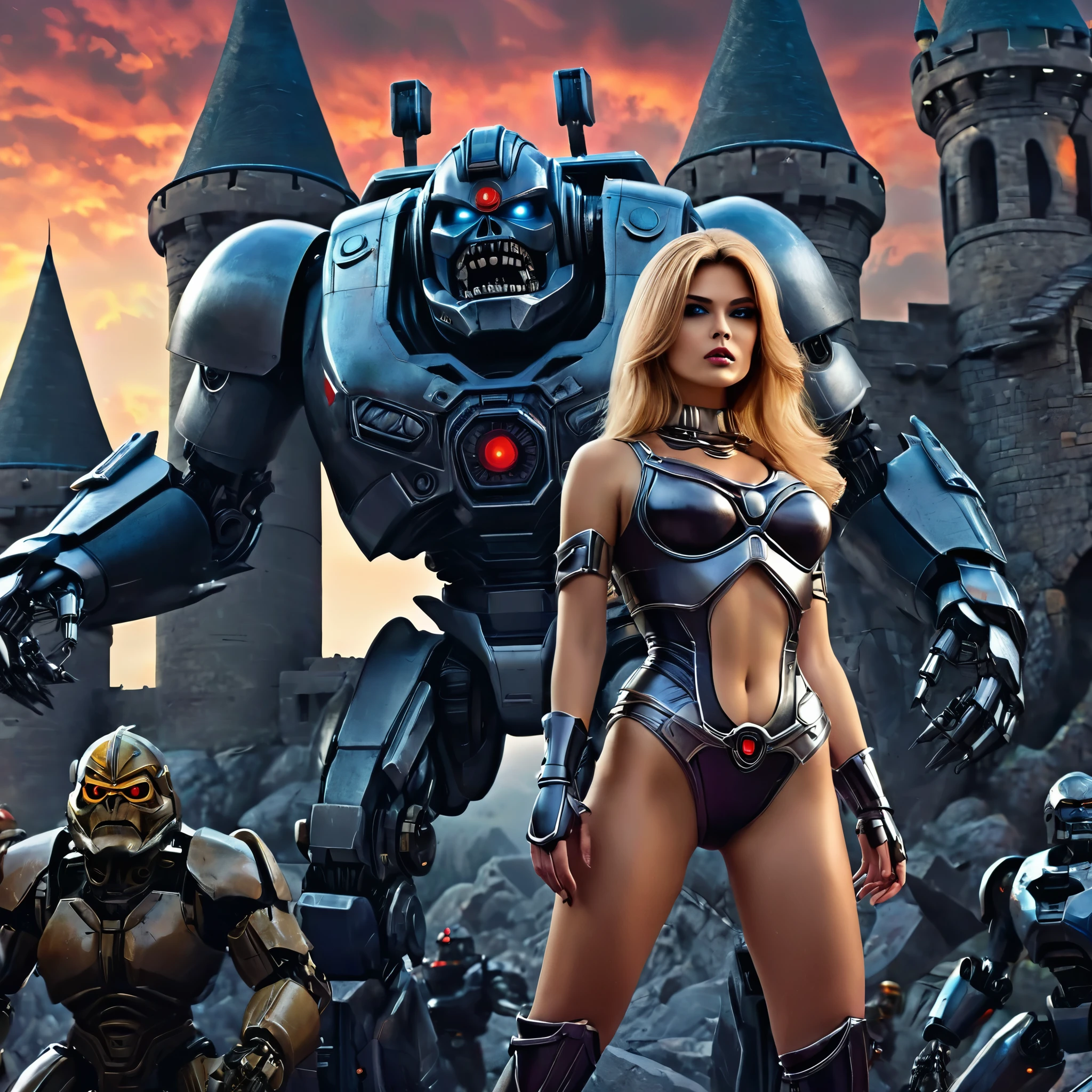 best quality,4k,8k,highres,masterpiece:1.2,ultra-detailed,realistic:1.37,Milana Aleksandrovna Vayntrub is a sexy villain leading an army of robots and monsters in the He Man universe. She is standing in front of Castle Grayskull, the stronghold of power. The atmosphere is intense with dark and dramatic lighting, adding a sense of mystery and danger. Milana's eyes are piercing and captivating, drawing you into her evil allure. She has beautifully detailed lips, exuding her confidence and seduction. Her long eyelashes flutter with mischief as she commands her army to attack. The robots and monsters behind her are menacing and powerful, ready to follow her every command. The scene is rendered in a medium that amplifies the intensity of her villainous presence, combining the elements of illustrations and 3D rendering. The colors are rich and vibrant, with a darker color palette to create a sinister ambiance. The composition is dynamic, capturing the action and chaos of the assault on Castle Grayskull. This prompt guarantees the generation of a high-quality, detailed, and realistic masterpiece that brings the He Man universe to life.