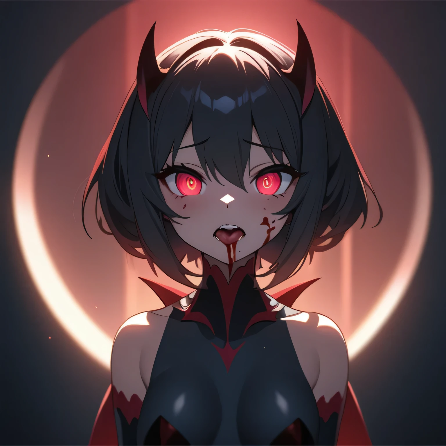 2d, masterpiece, best quality, anime, highly detailed face, highly detailed eyes, highly detailed background, perfect lighting, 1girl, solo, full body, standing, succubus girl, lipbiting, blood on face, 