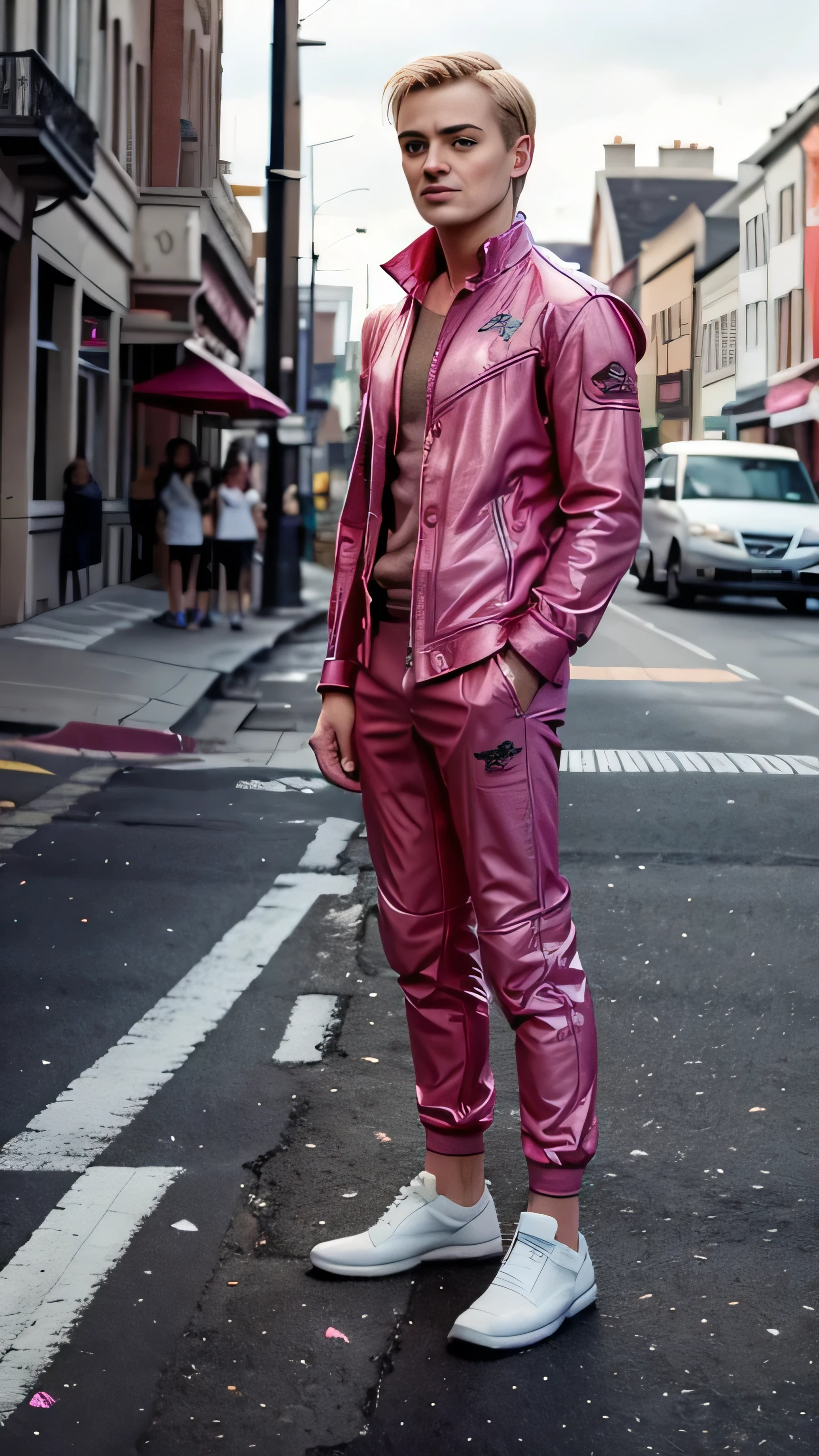 Jack Gleeson as Joffrey Baratheon, pink suit, pink shoes, standing, in a street, rainbow, (1man), (solo), (full body view), beautiful detailed glow, detailed, cinematic light, intricate detail, realistic, highres, detailed facial features, high detail, sharp focus, smooth, aesthetic, extremely detailed, stamp, octane render