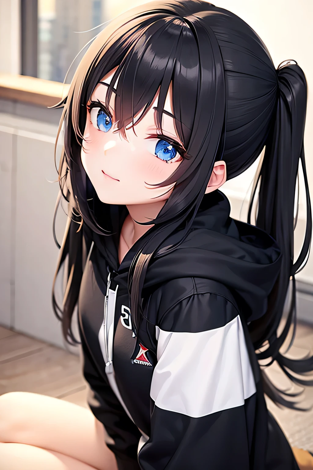 1girl, black hair, detailed face, german, black hoodie, hoodie, long hair, very long hair, light blue eyes, blue eyes, white skin, kuudere, ice cream,