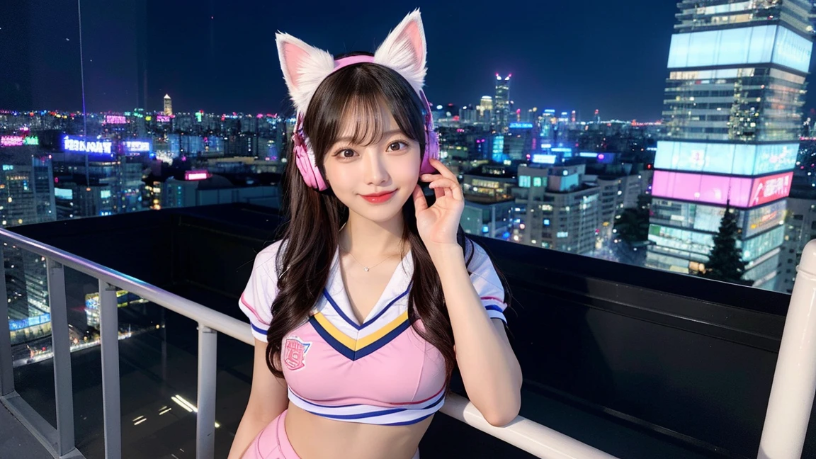 Full body photo、whole、最high quality, masterpiece, 32k、Very detailed、Realistic、1 girl, Japanese women、Cute face, (photo Actual:1.3), Edge lighting, (Skin with attention to detail:1.2), 8k超High resolution, Single-lens reflex camera, high quality, High resolution, 4K, 8k, Optimal ratio of four fingers to one thumb, (Actual:1.3), smile、自然なsmile、Baseball Cheerleader Costumes(Bright pink、Light blue line design、Japanese professional baseball cheerleaders)、Cat ear headphones(ピンク色のネオンCat ear headphones)、cute 1 girl, Realistic、Super Realistic、32k、Very detailed、masterpiece, 最high quality, beautiful girl, beauty、 Mecha, Beautiful lighting, Sitting,Cyber Neon、Future City、Skyscraper、City Night、Shanghai、Big cities、Night view、綺麗なNight view