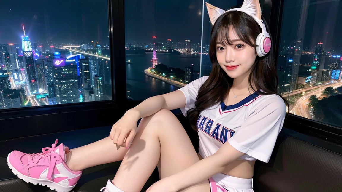 Full body photo、whole、最high quality, masterpiece, 32k、Very detailed、Realistic、1 girl, Japanese women、Cute face, (photo Actual:1.3), Edge lighting, (Skin with attention to detail:1.2), 8k超High resolution, Single-lens reflex camera, high quality, High resolution, 4K, 8k, Optimal ratio of four fingers to one thumb, (Actual:1.3), smile、自然なsmile、Baseball Cheerleader Costumes(Bright pink、Light blue line design、Japanese professional baseball cheerleaders)、Cat ear headphones(ピンク色のネオンCat ear headphones)、cute 1 girl, Realistic、Super Realistic、32k、Very detailed、masterpiece, 最high quality, beautiful girl, beauty、 Mecha, Beautiful lighting, Sitting,Cyber Neon、Future City、Skyscraper、City Night、Shanghai、Big cities、Night view、綺麗なNight view
