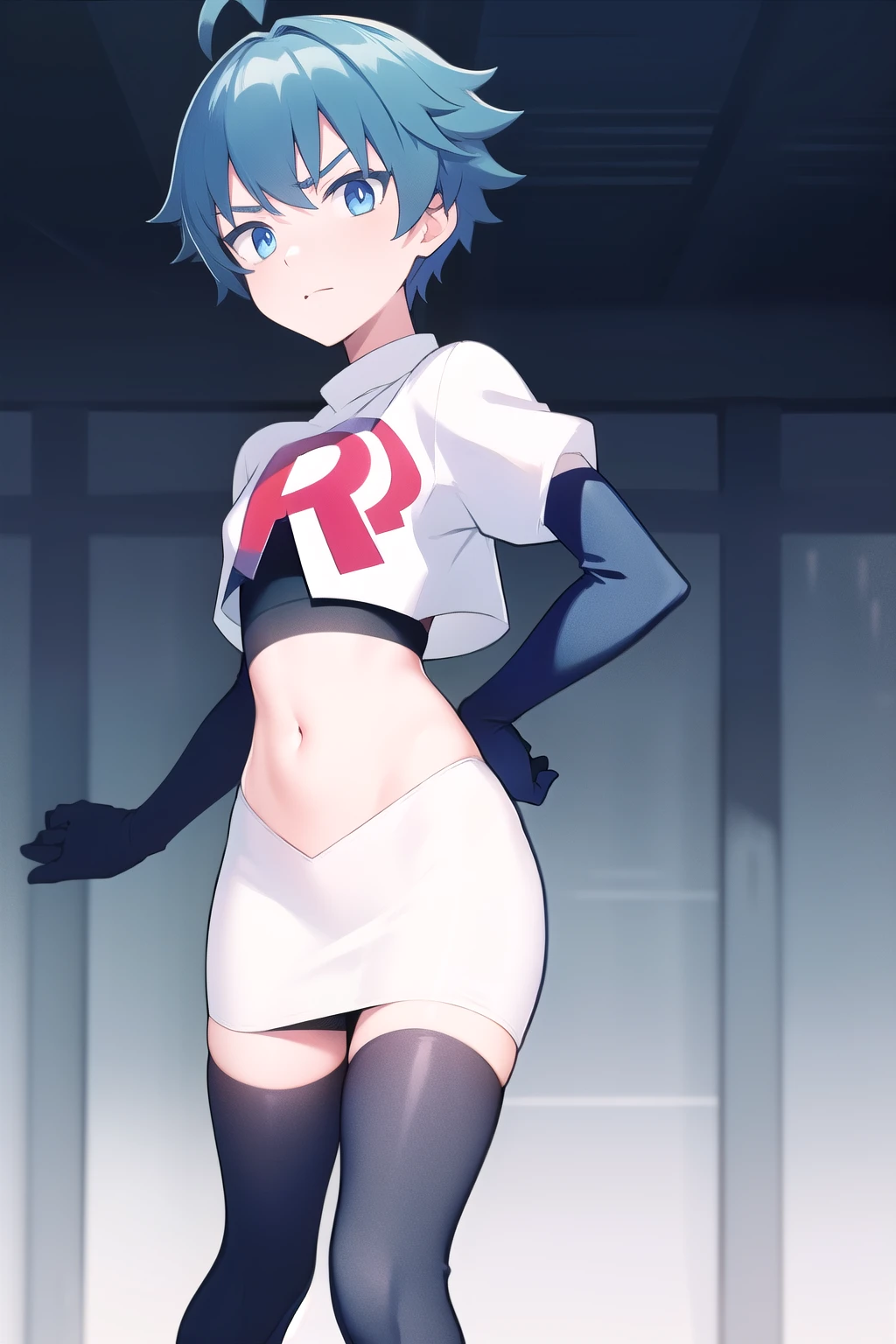 masterpiece, absurdres, male focus, trap, crossdressing,1boy, chongyun,blue hair, ahoge,blue eyes, team rocket,team rocket uniform,white skirt,red letter R,crop top,black thigh-highs,black elbow gloves