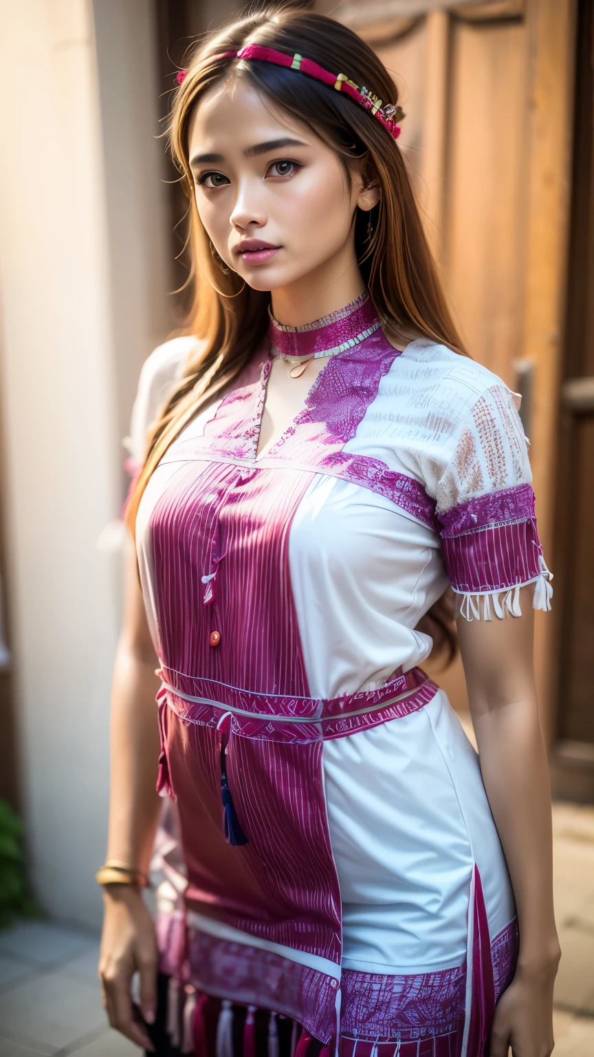 1girl wearing Karen traditional outfit, the blouse clothing made of  two narrow panels of cotton or silk fabric, woven on backstrap looms, and sewn together to form a tunic-like garment. The ends of the panels are finished with long fringes that hang down from the shoulders and the waist. The blouses are decorated with intricate patterns of embroidery, applique, and beads, using various colors and motifs. Colorful flower crowns, slim fit body, Long shot photography. v shape neck collar line with beads decorated and short sleeves with strings beads decorated, red and white stripes color blouse tunic