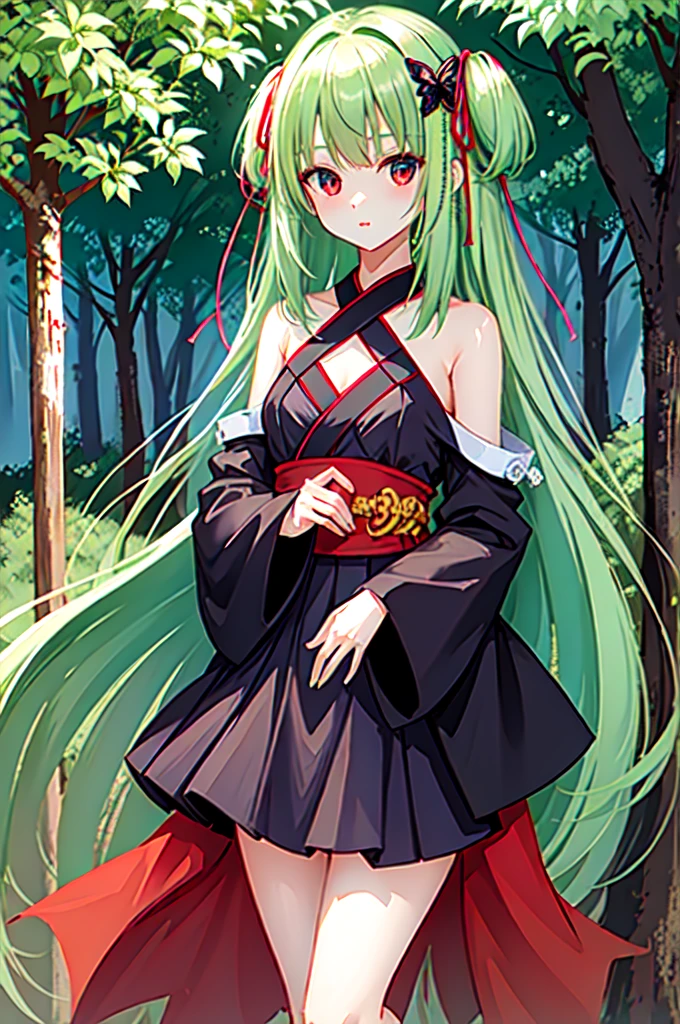 1 girl, Light green hair, Red eyes, flat chest, Two sides up, Long hair, Red belt,  Black detachable sleeves, Rope straps, Butterfly Hair Accessories, thigh, Bare legs, 
(best quality, masterpiece, original photo,Ultra Detailed:1.2),1 girl,solitary,Looking at the audience,, Under the cherry trees, Japanese Sword，Ten Thousand Swords God，God Sword Song，A touch of white highlights
